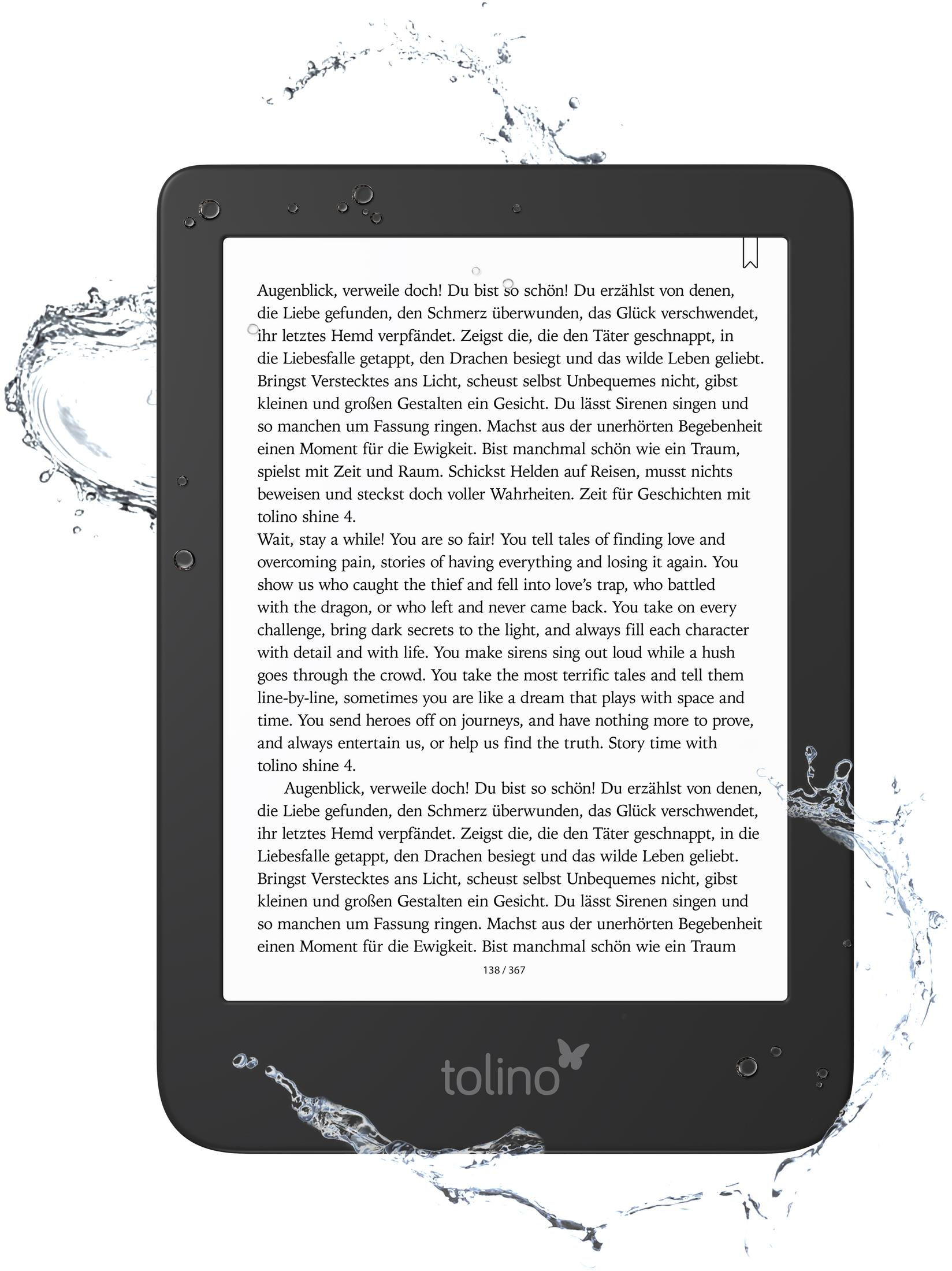 Ein schwarzer E-Reader auf weißer Oberfläche mit Wassertropfen, der Text anzeigt.