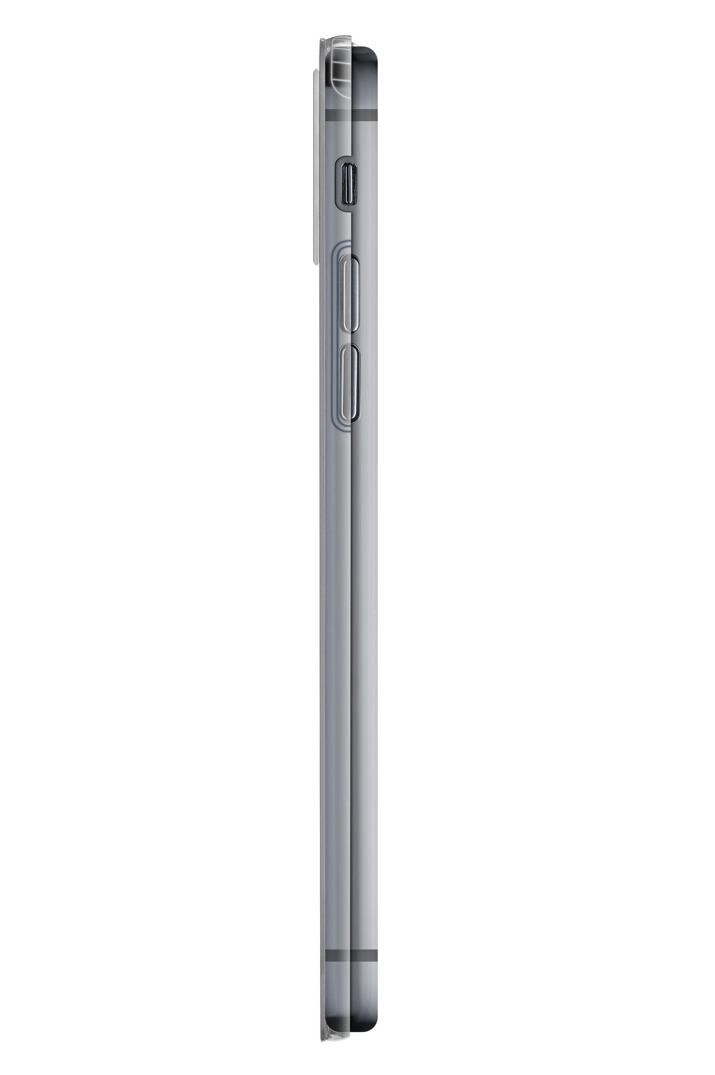 Vista lateral de un teléfono, diseño elegante, color gris metálico.
