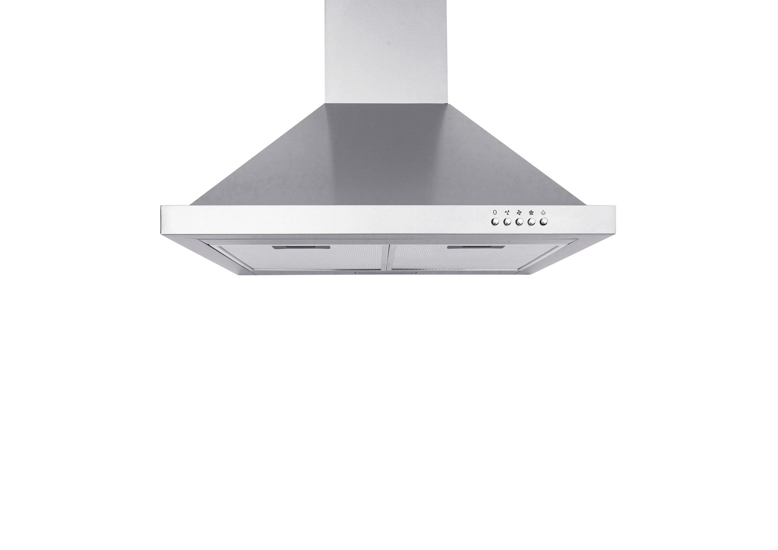 A stainless steel range hood with control buttons, against a white background.