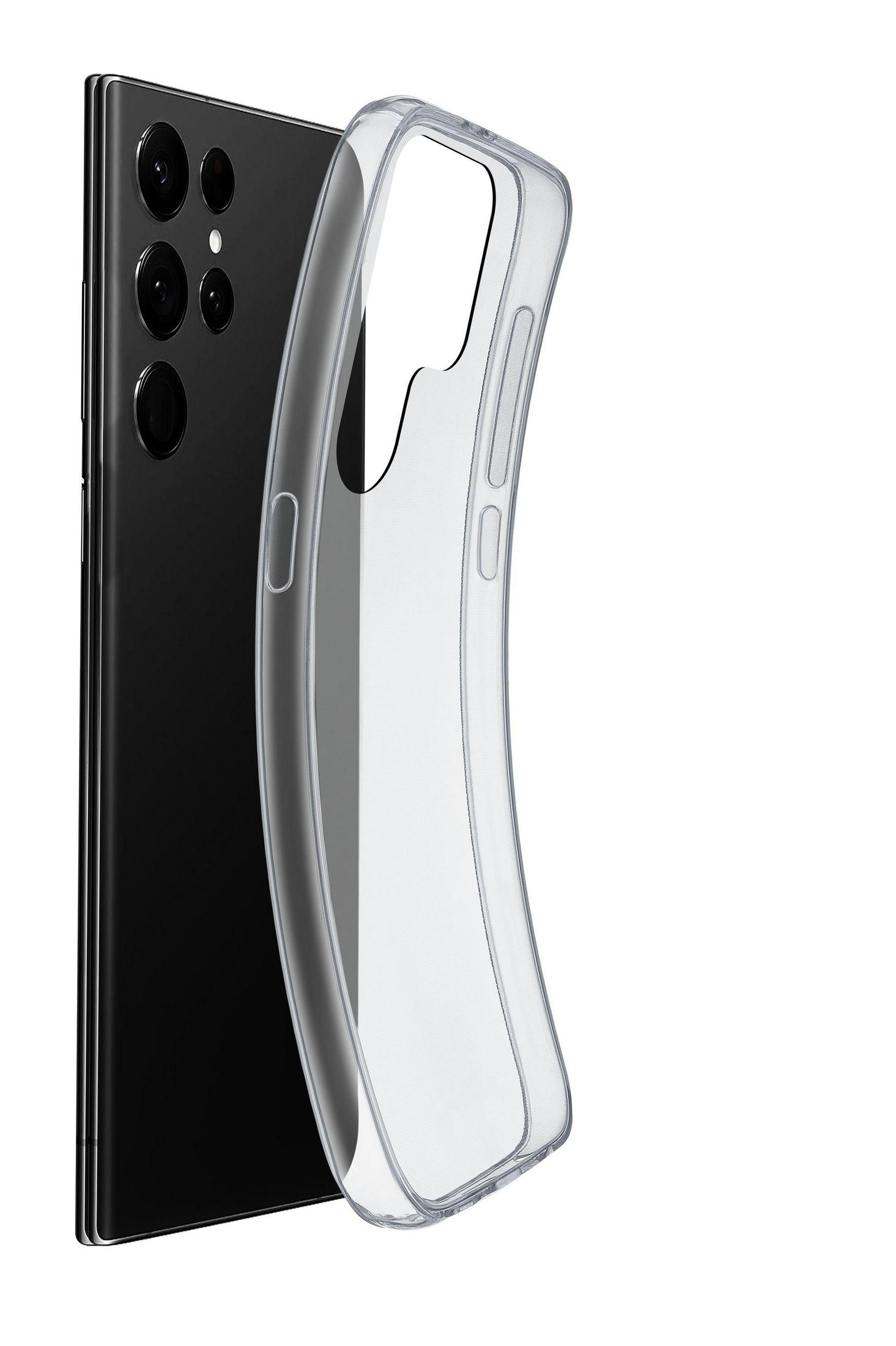 Smartphone negro con funda transparente al lado. La funda tiene un diseño curvo con un recorte para la cámara.