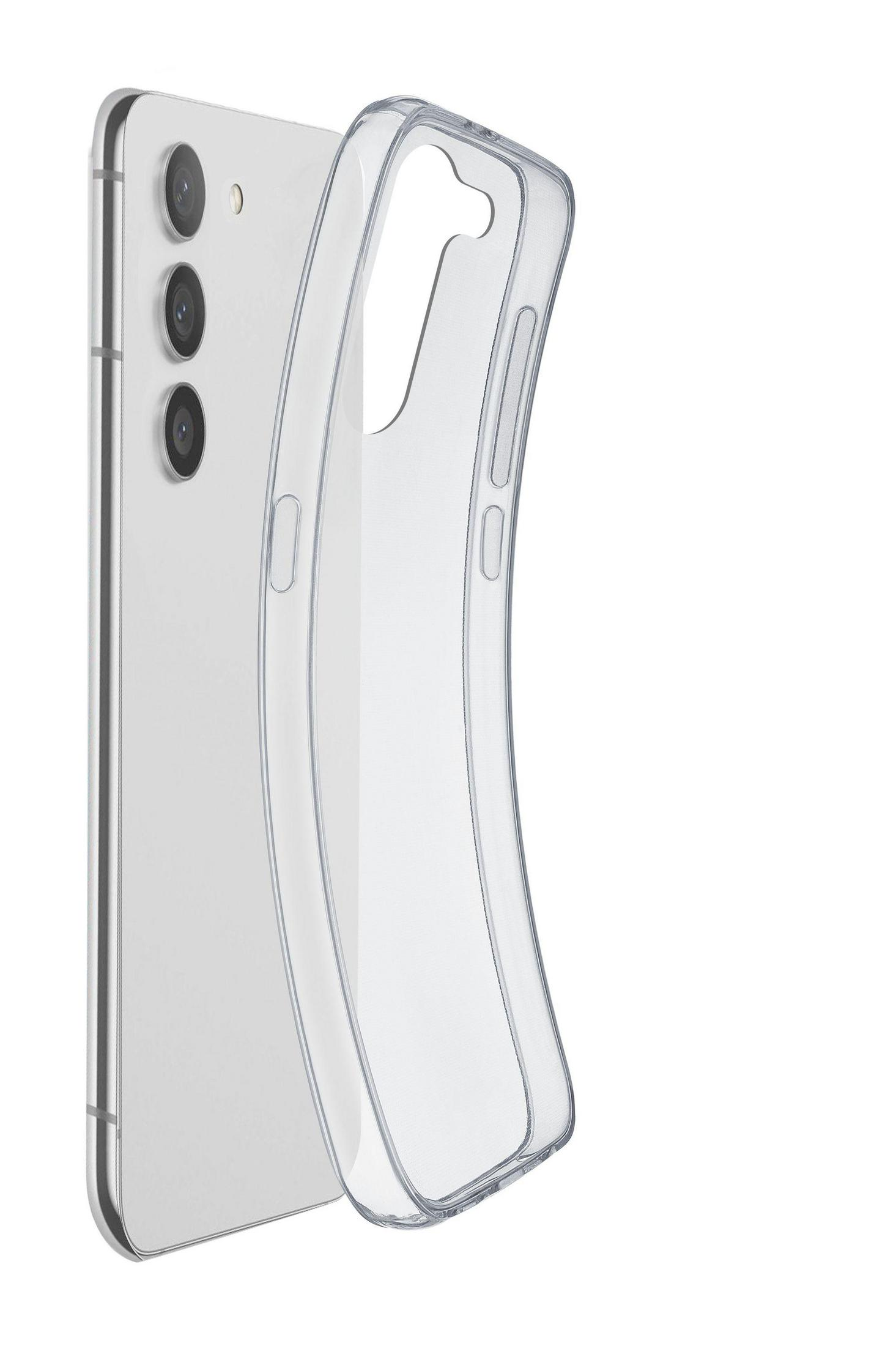 Teléfono blanco con funda transparente, vista lateral, fondo blanco.