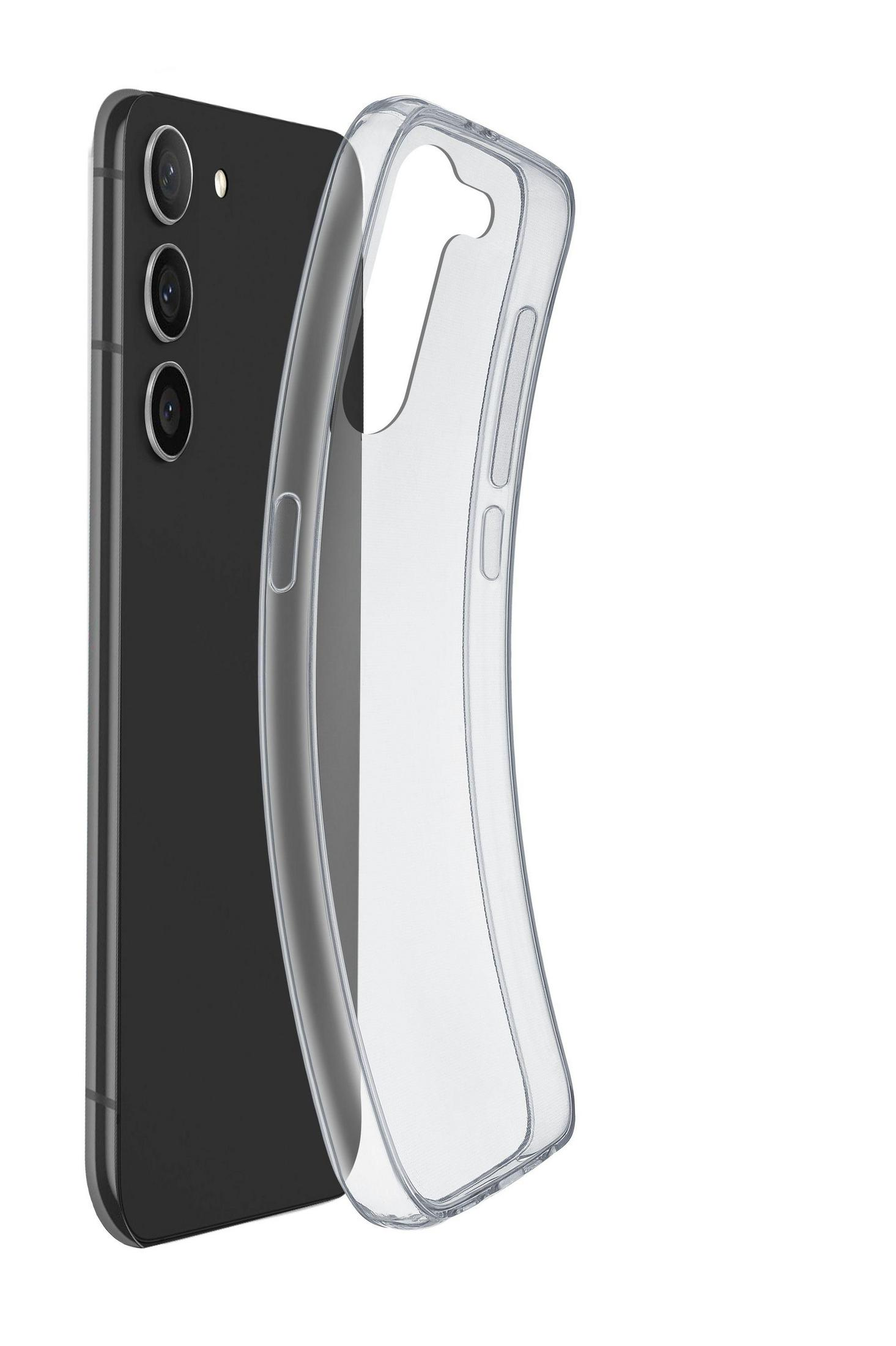 Un teléfono negro y una funda transparente. El teléfono está a la izquierda, la funda delante.