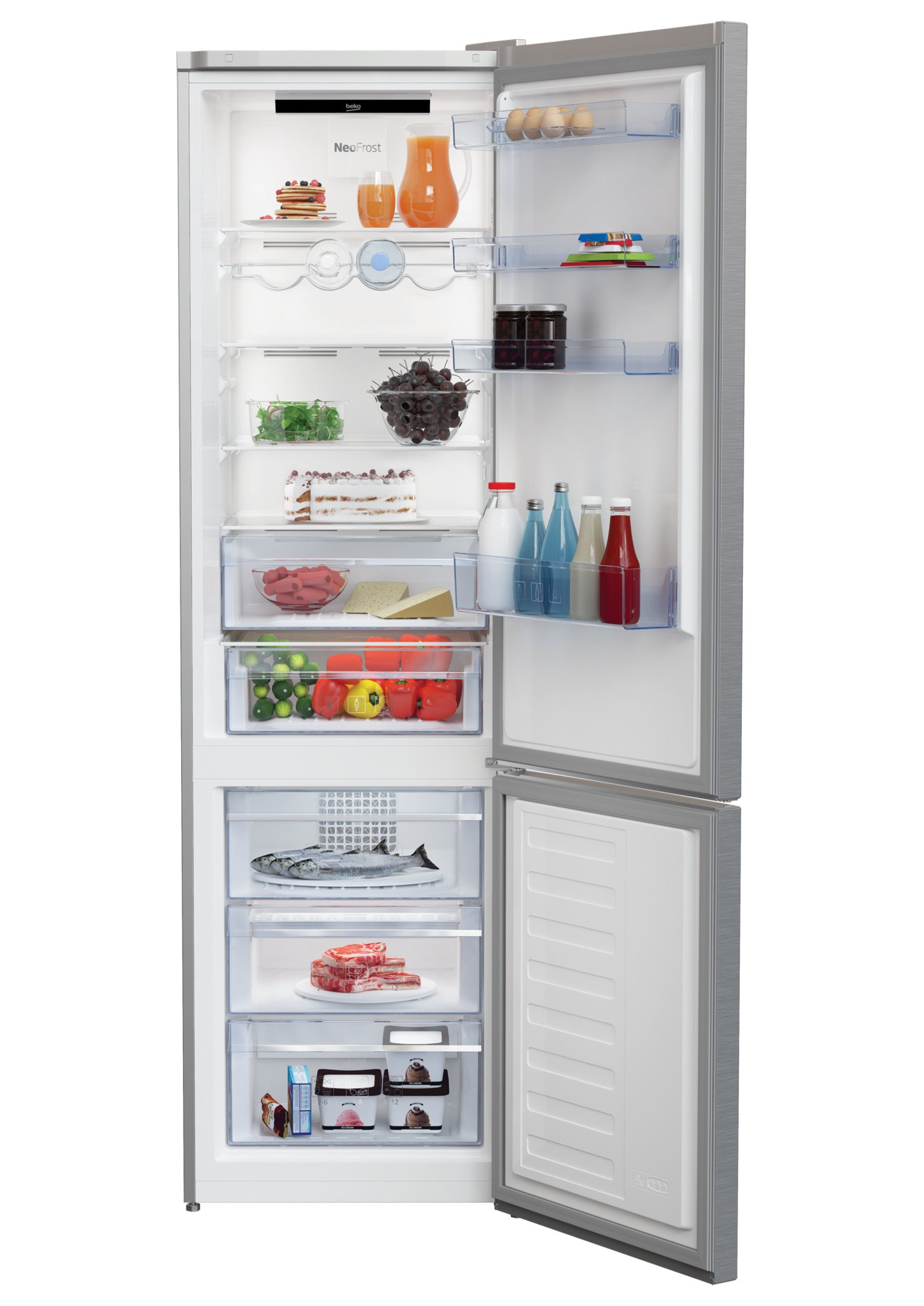 Refrigerador abierto con comida dentro. Se ven frutas, bebidas y otros artículos.