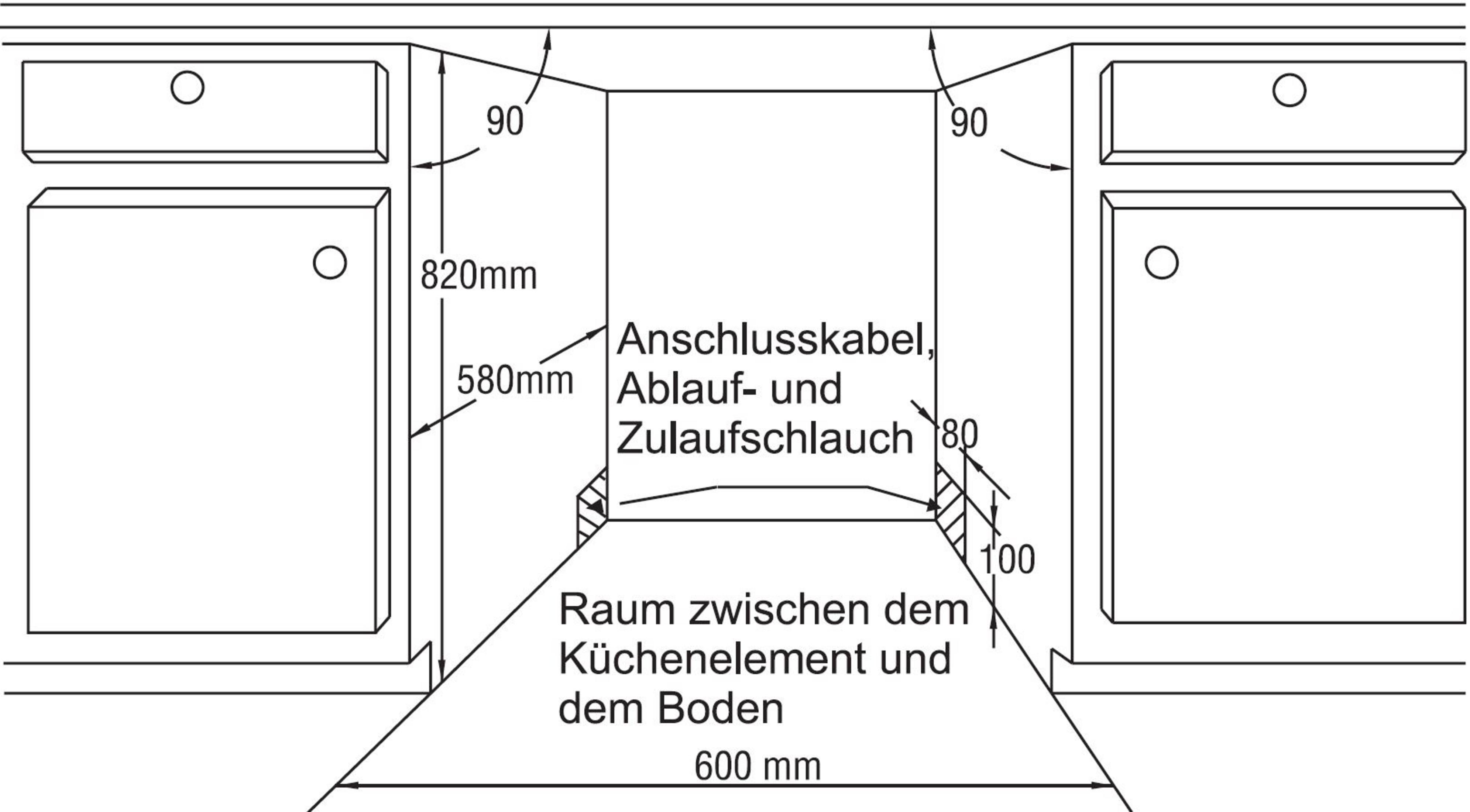 Technische Zeichnung eines Küchenschrankraums mit Maßen in mm und Text auf Deutsch.