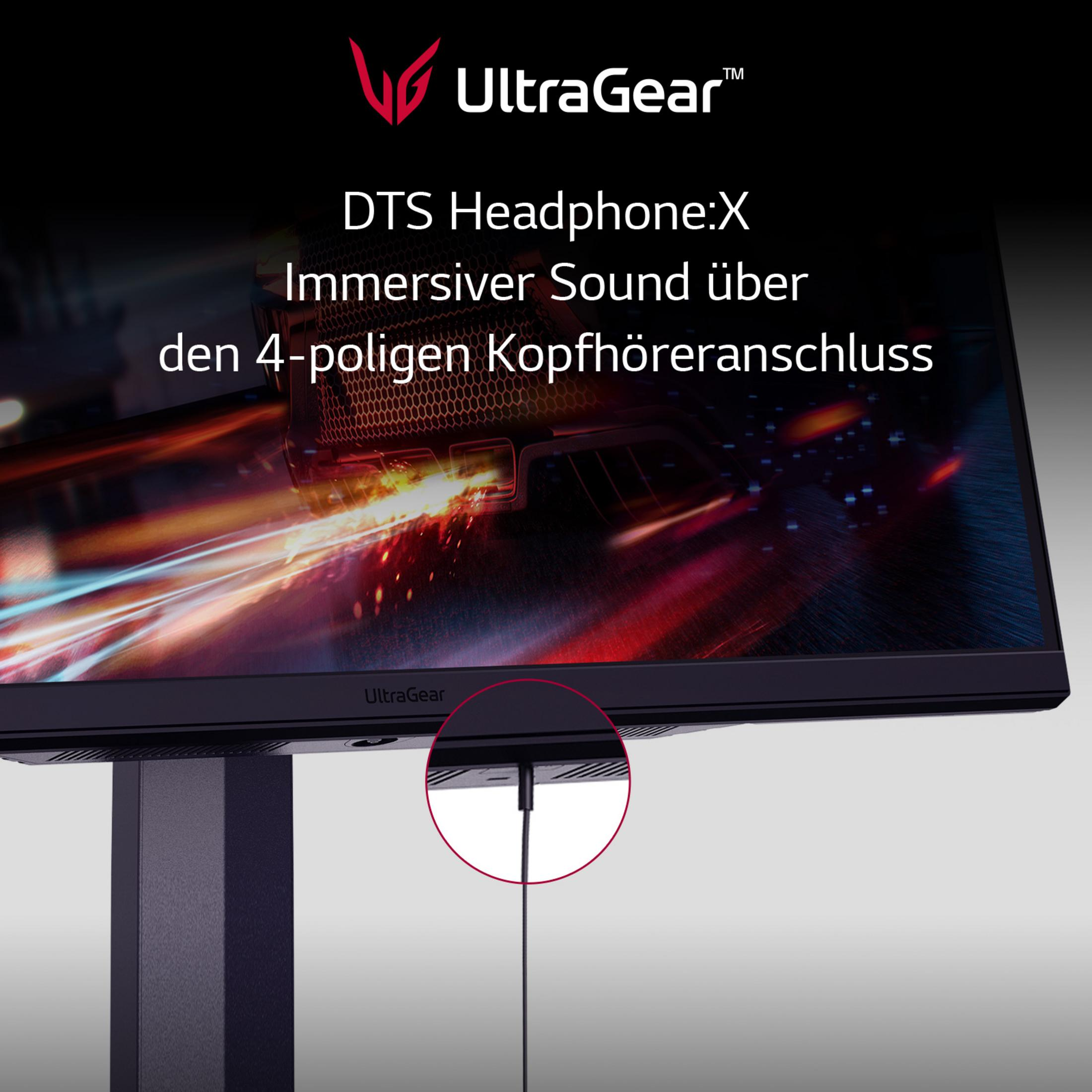 Monitor LG UltraGear pokazujący gniazdo słuchawkowe. Tekst: DTS Headphone:X Immersive Sound.