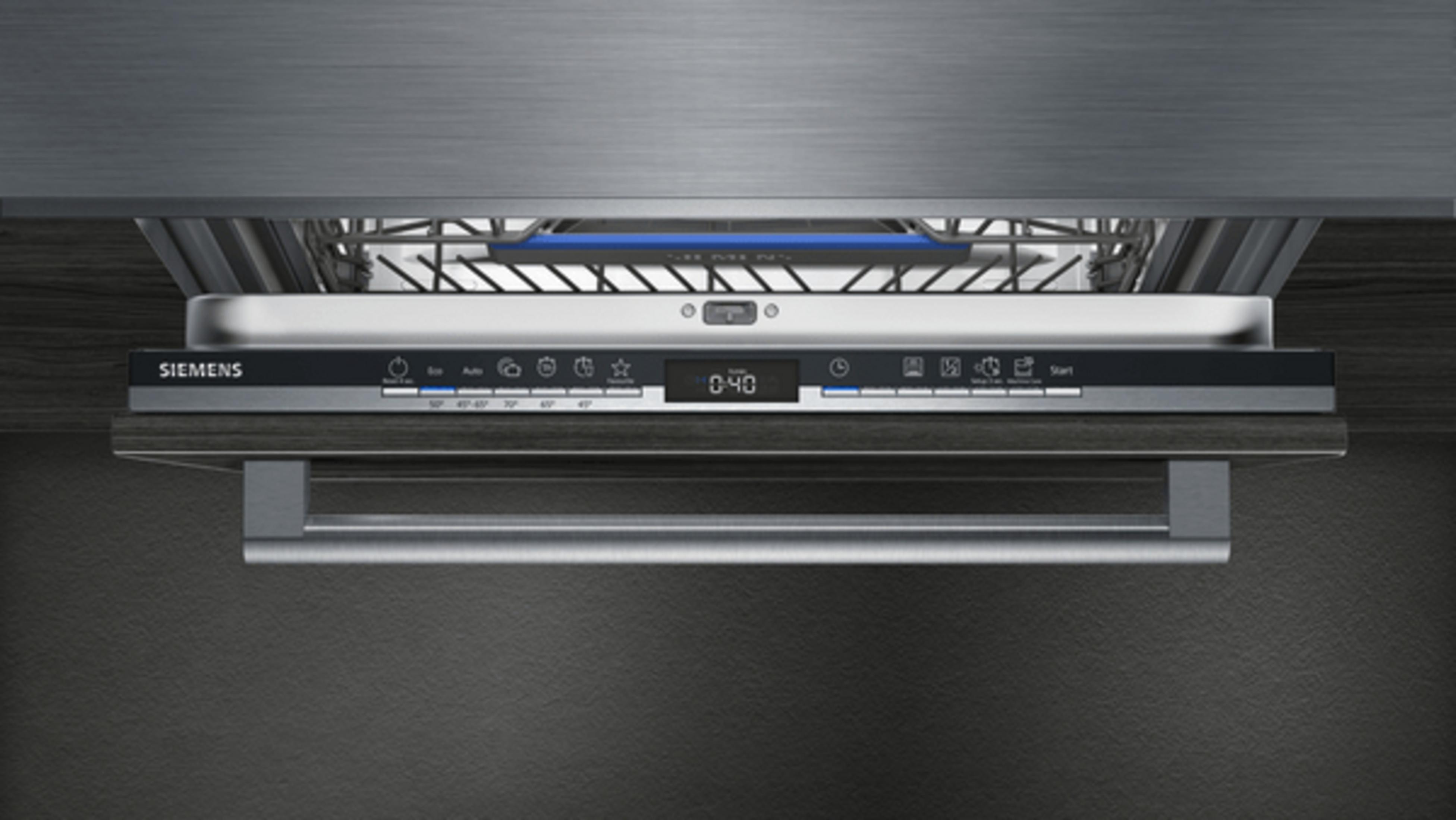 Built-in dishwasher control panel with Siemens logo and display. Grey and black design. Dark background.