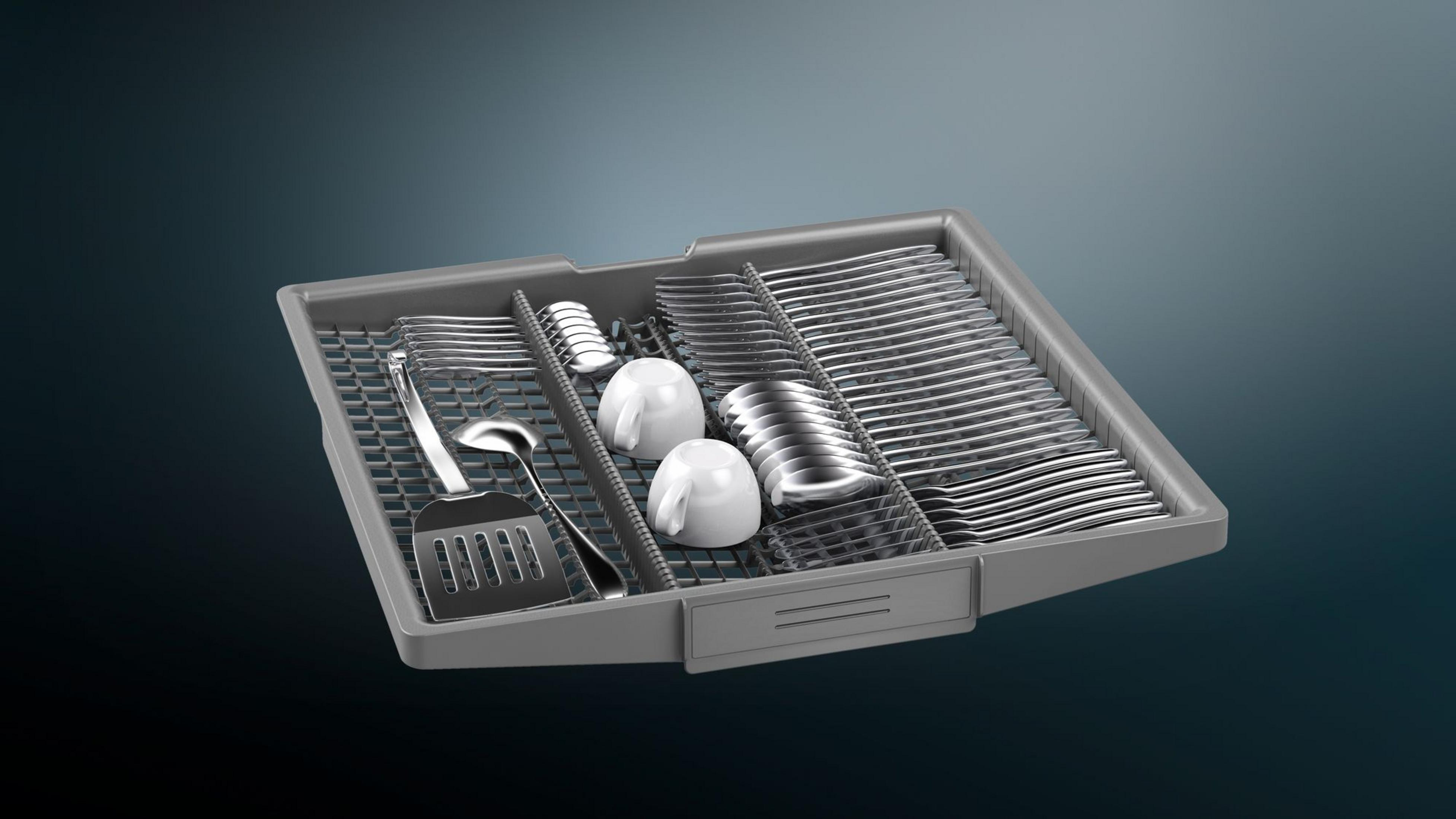 Dishwasher rack with silverware, utensils, and cups. Gray interior.