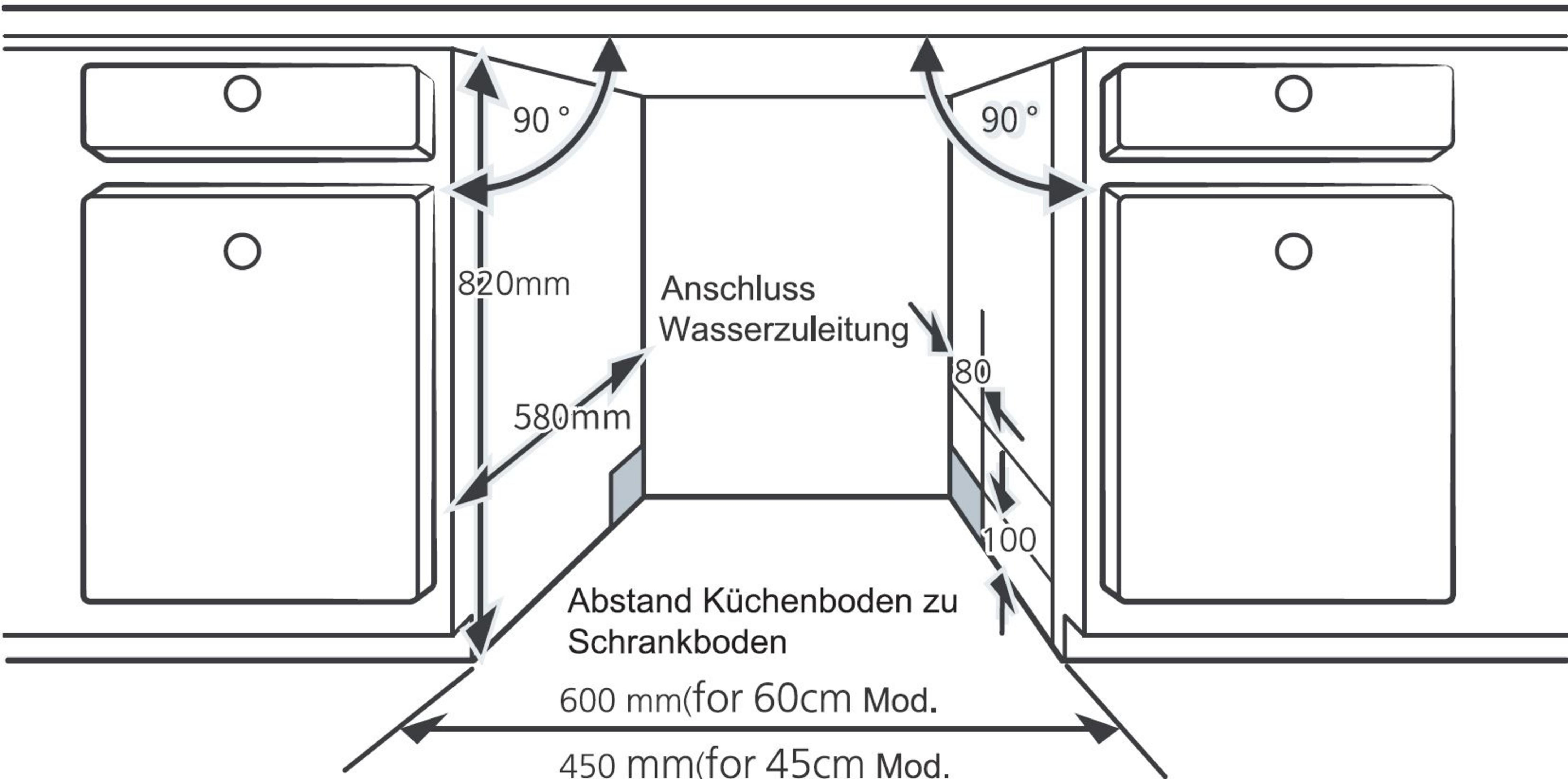 Diagramm der Küchenschrankinstallation. Abmessungen und Winkel sind beschriftet.