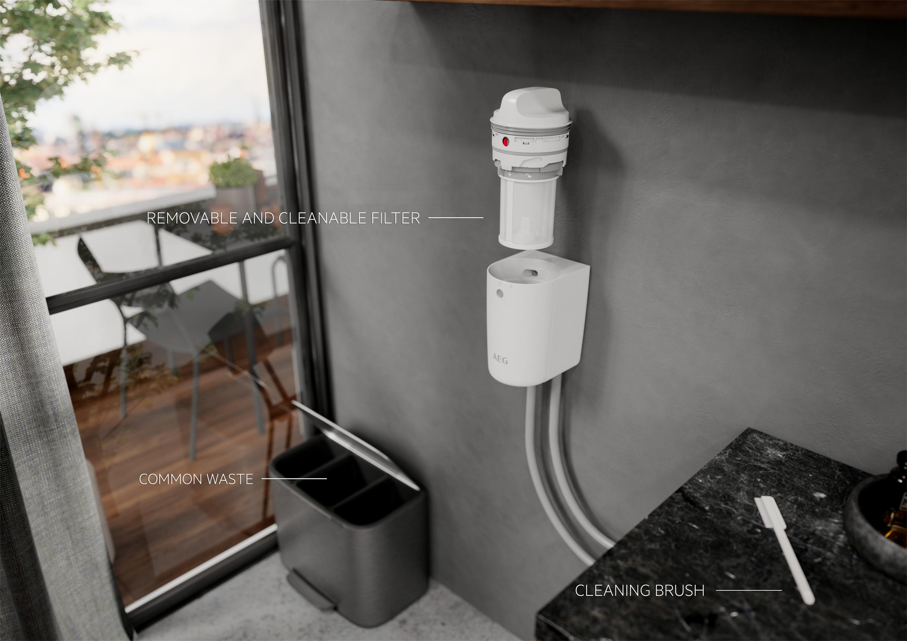 Un sistema de filtro de agua con componentes etiquetados, instalado en una pared cerca de una ventana.
