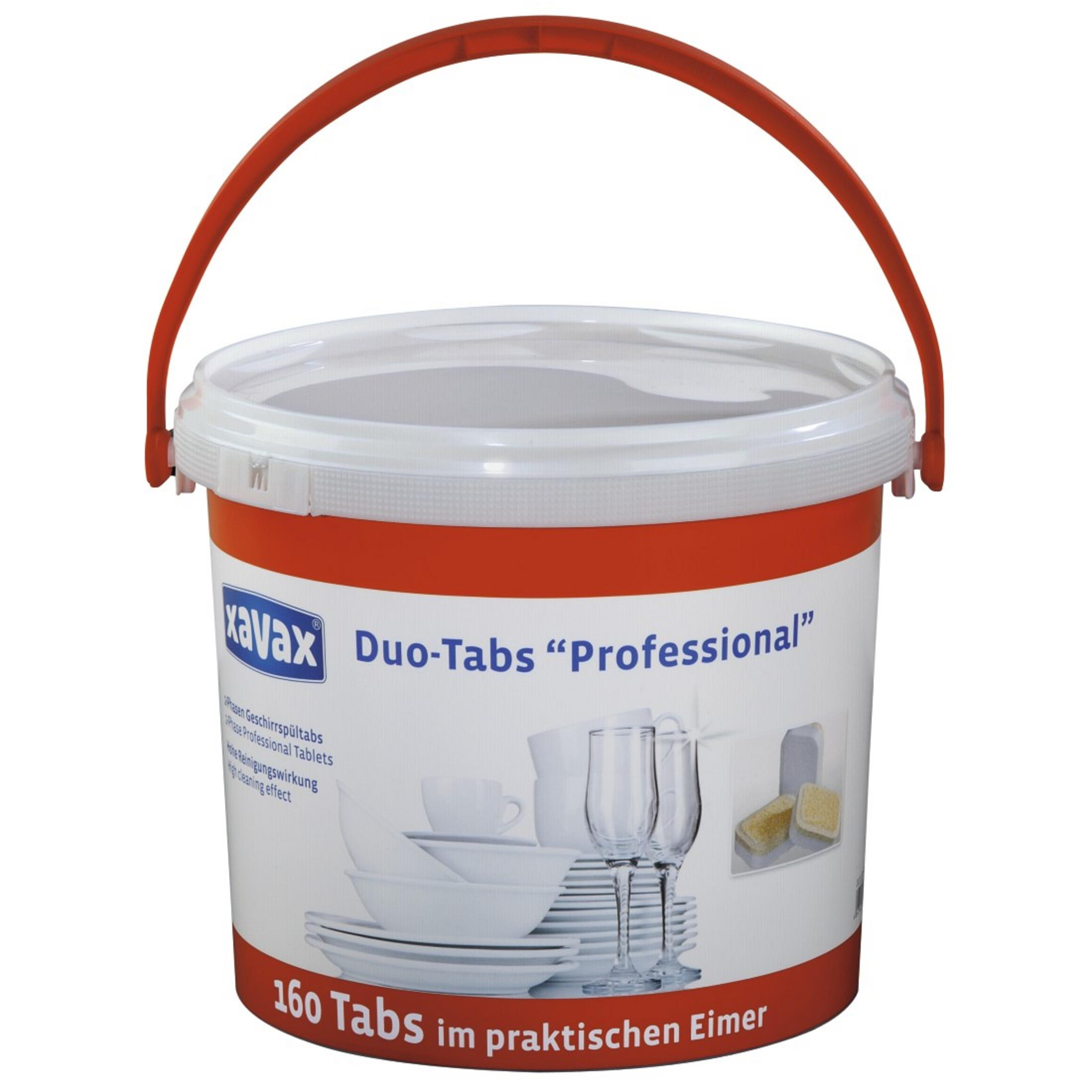 Ein rot-weißer Eimer mit Xavax Duo-Tabs Professional Geschirrspültabletten, mit Abbildungen.