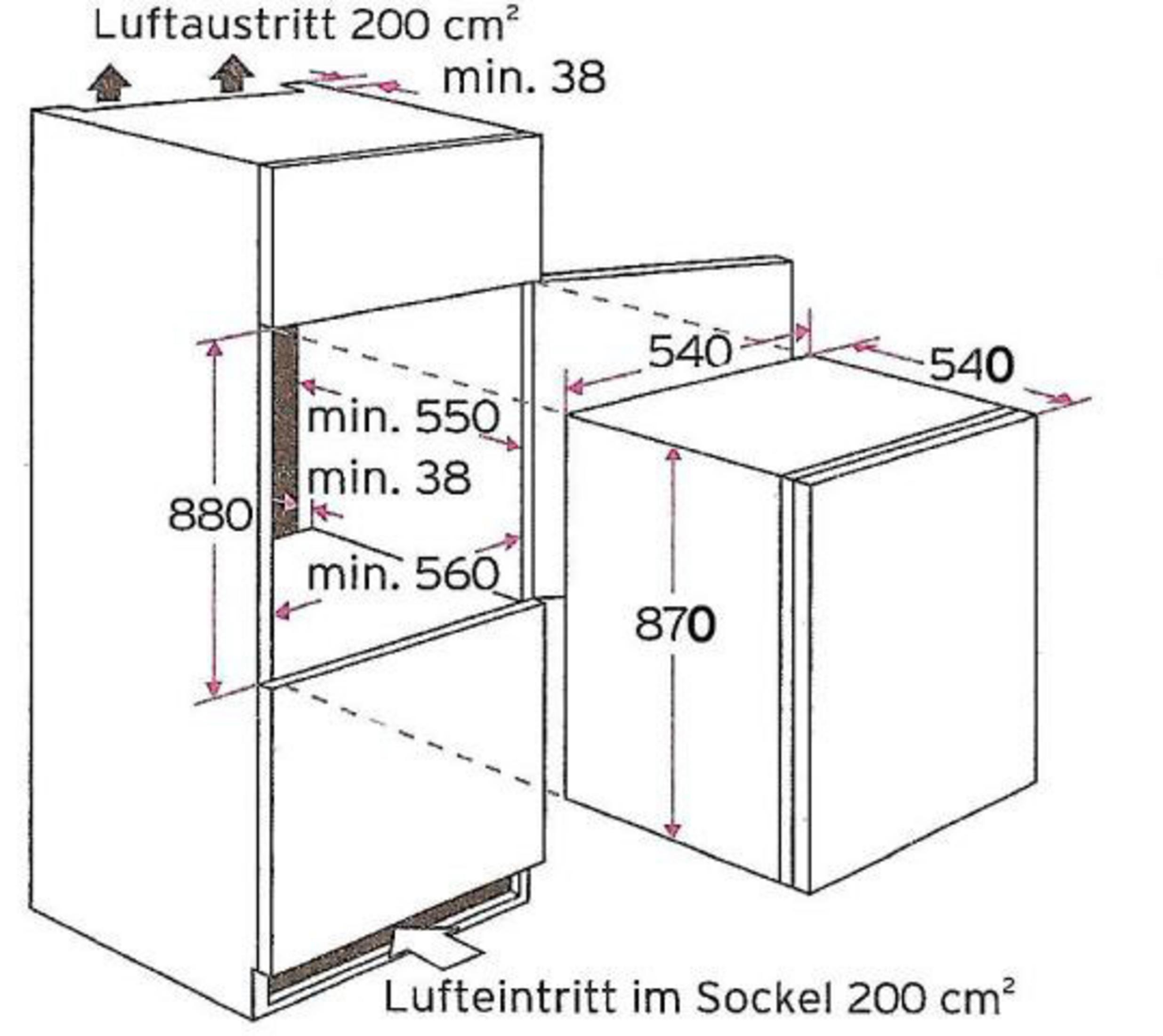 Diagramm eines Kühlschranks mit Abmessungen und Luftstromanweisungen.