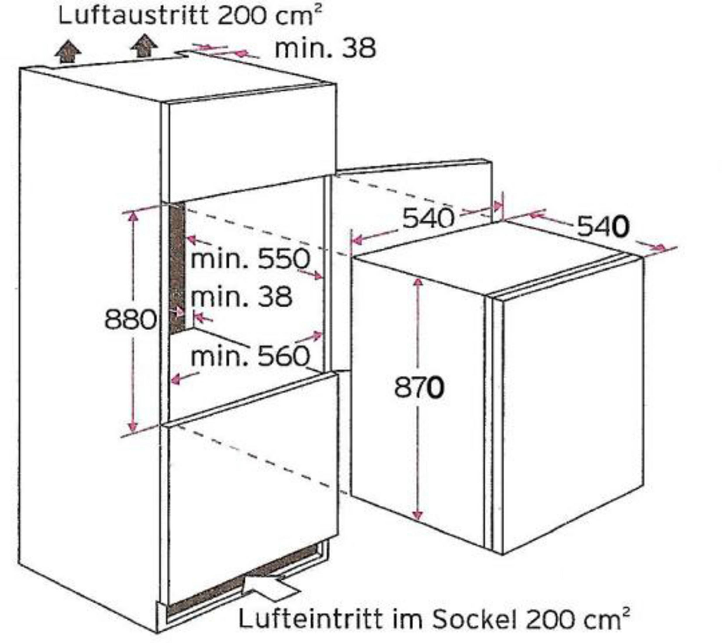 Diagramm mit Abmessungen und Maßen eines Einbaukühlschranks.