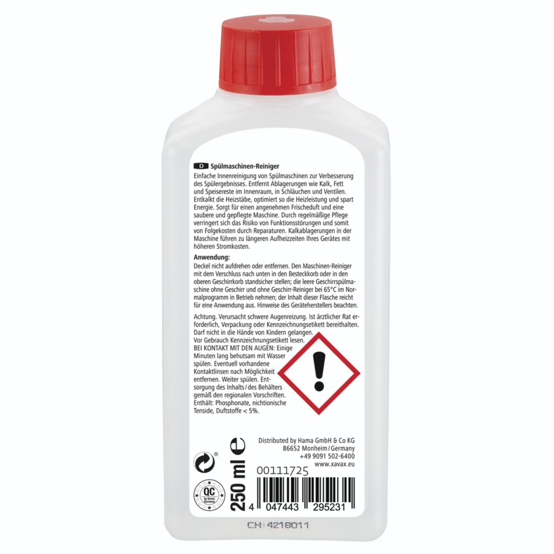 Flasche Maschinenreiniger mit Warnzeichen und Text, 250 ml, weiße Flasche, roter Deckel.