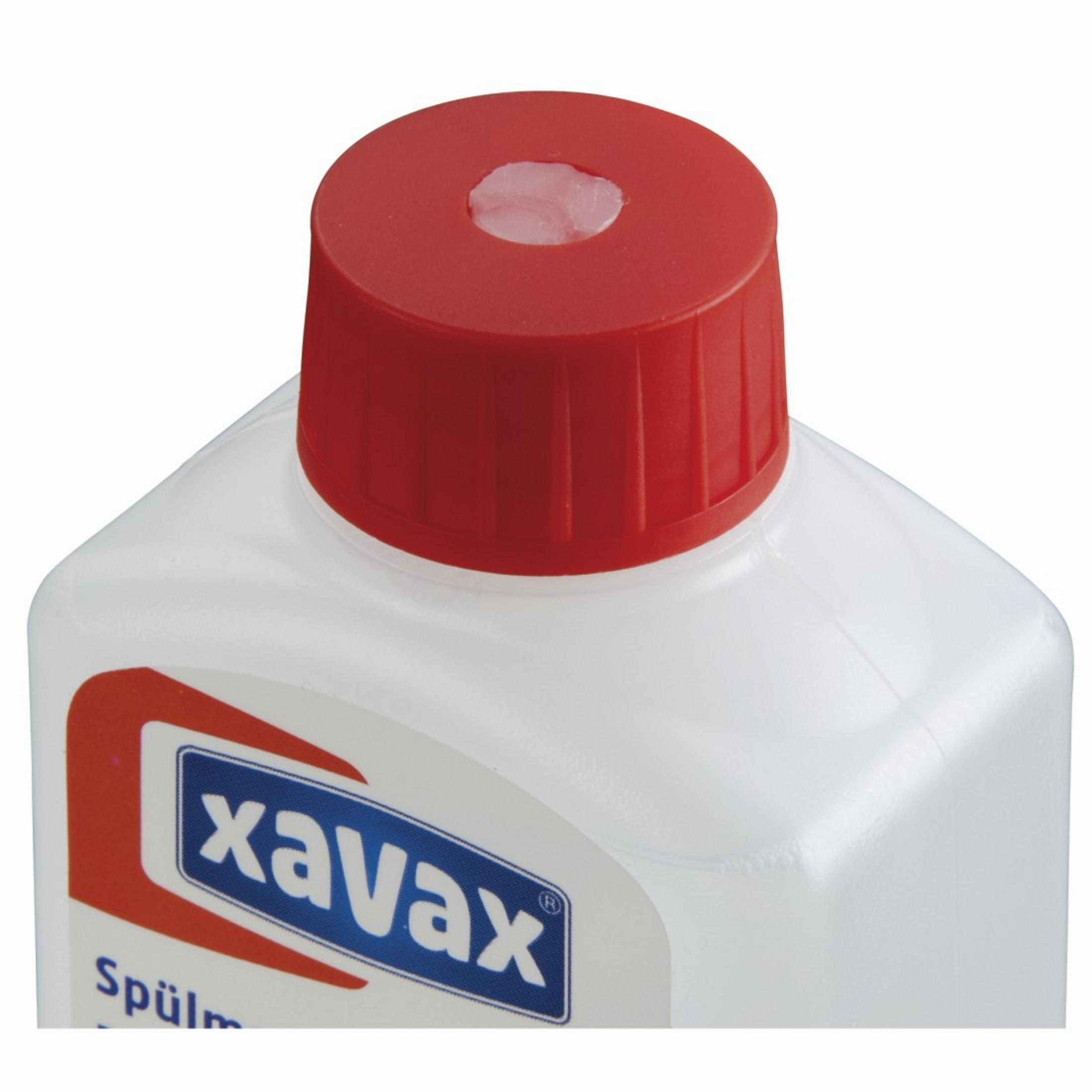 Nahaufnahme einer weißen Flasche mit rotem Deckel, beschriftet mit 'xavax' und 'Spülm'.