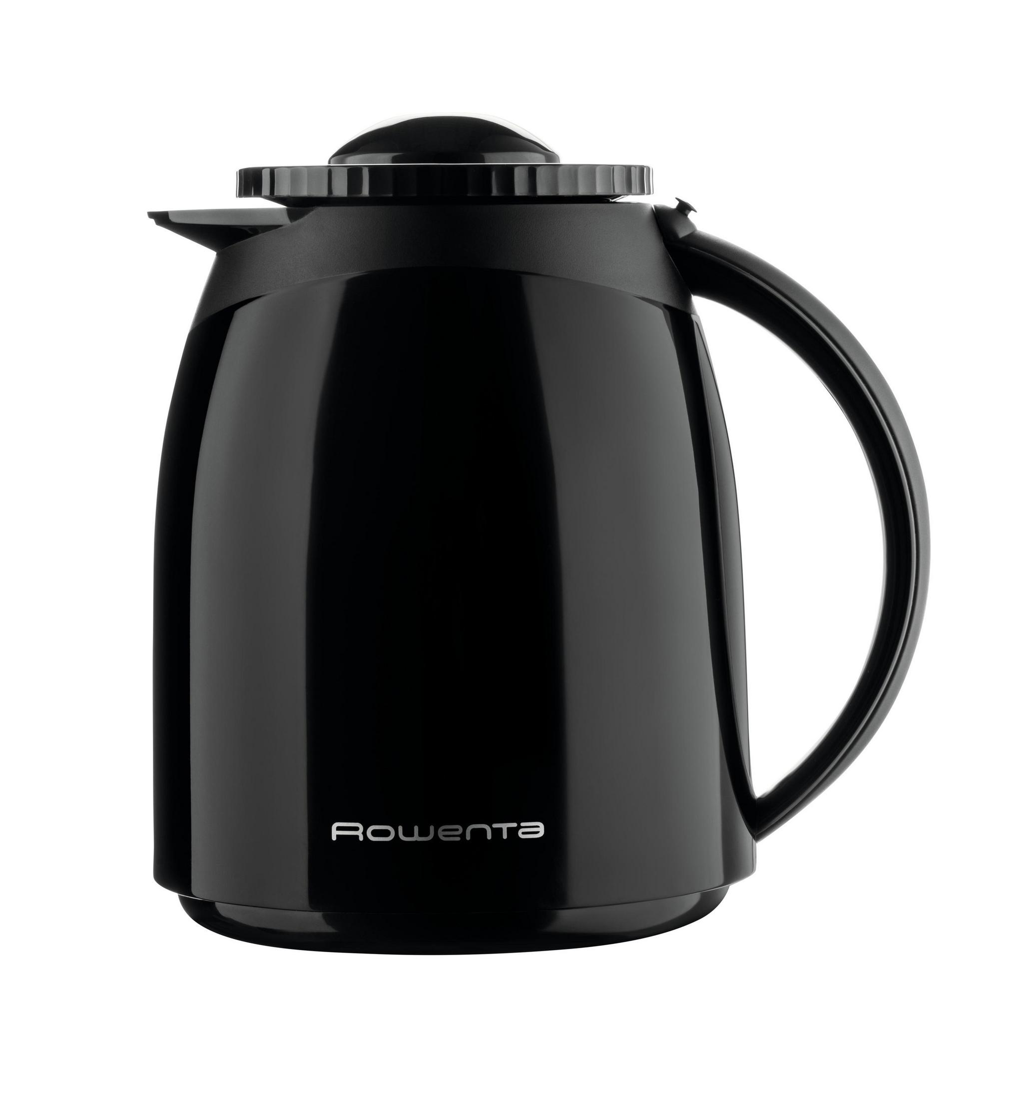 Błyszczący czarny termos z uchwytem i pokrywką na białym tle.