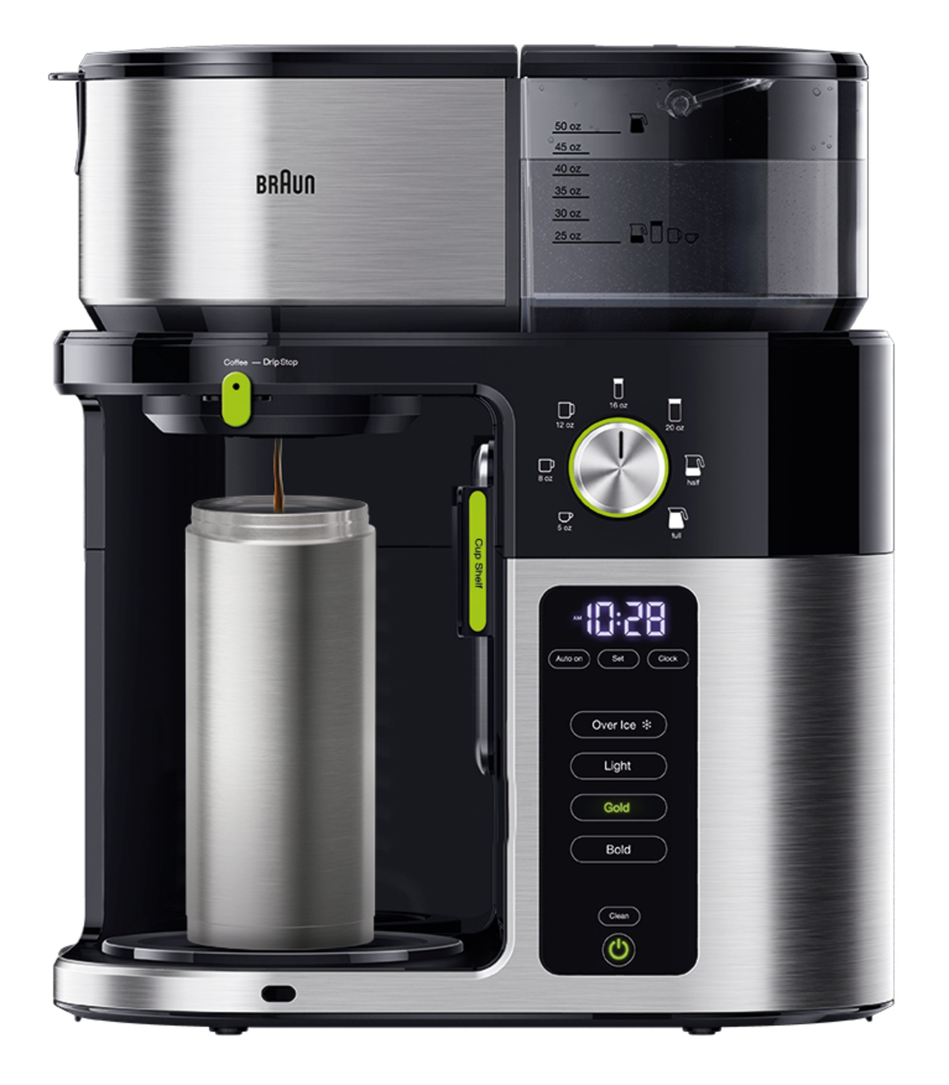 Eine schwarz-silberne Braun Kaffeemaschine. Eine Tasse steht unter dem Tropfer, die Uhrzeit ist 10:28.
