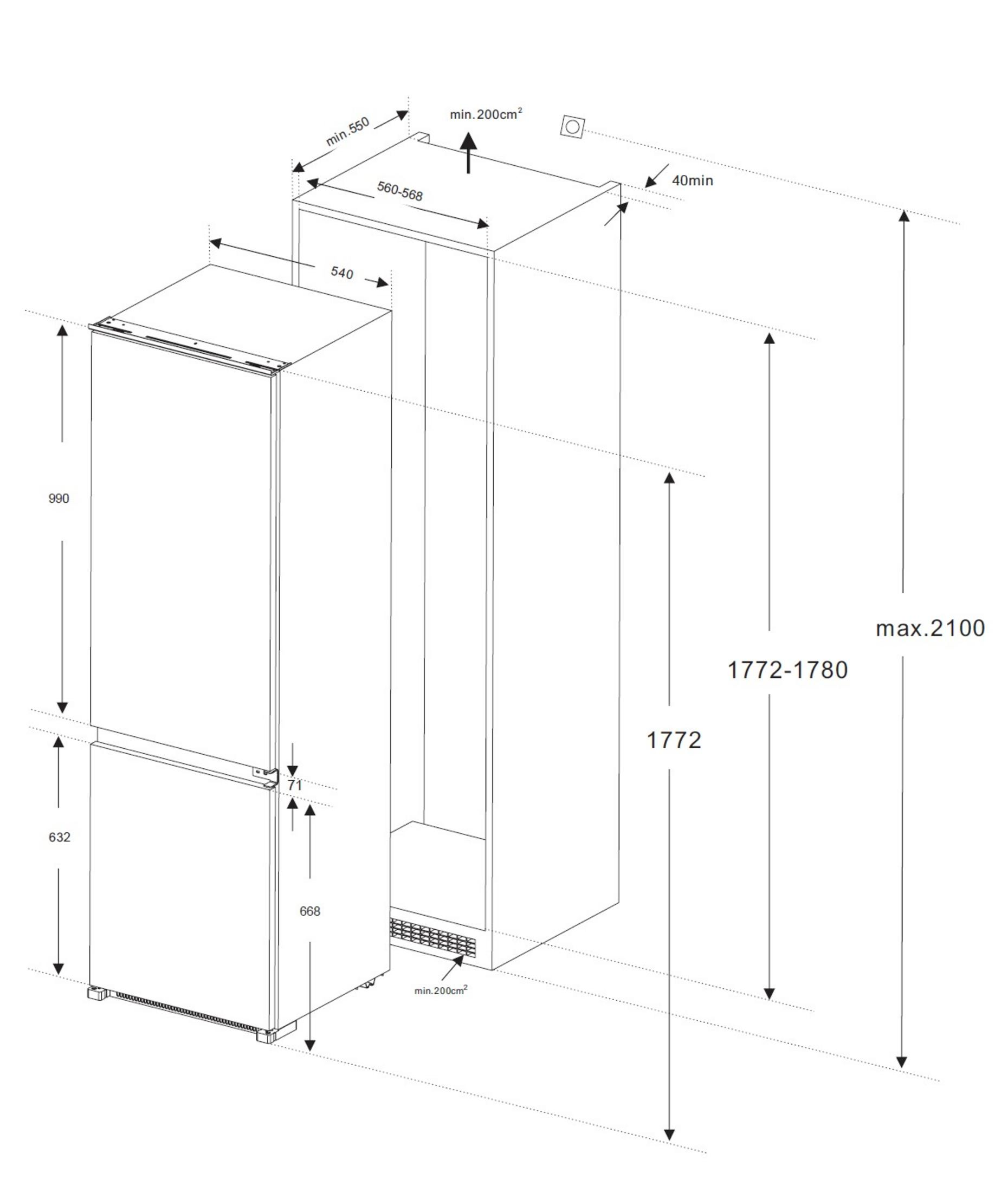 Diagramm eines Kühlschranks. Zeigt Abmessungen wie Höhe, Breite und Tiefe in Zentimetern.