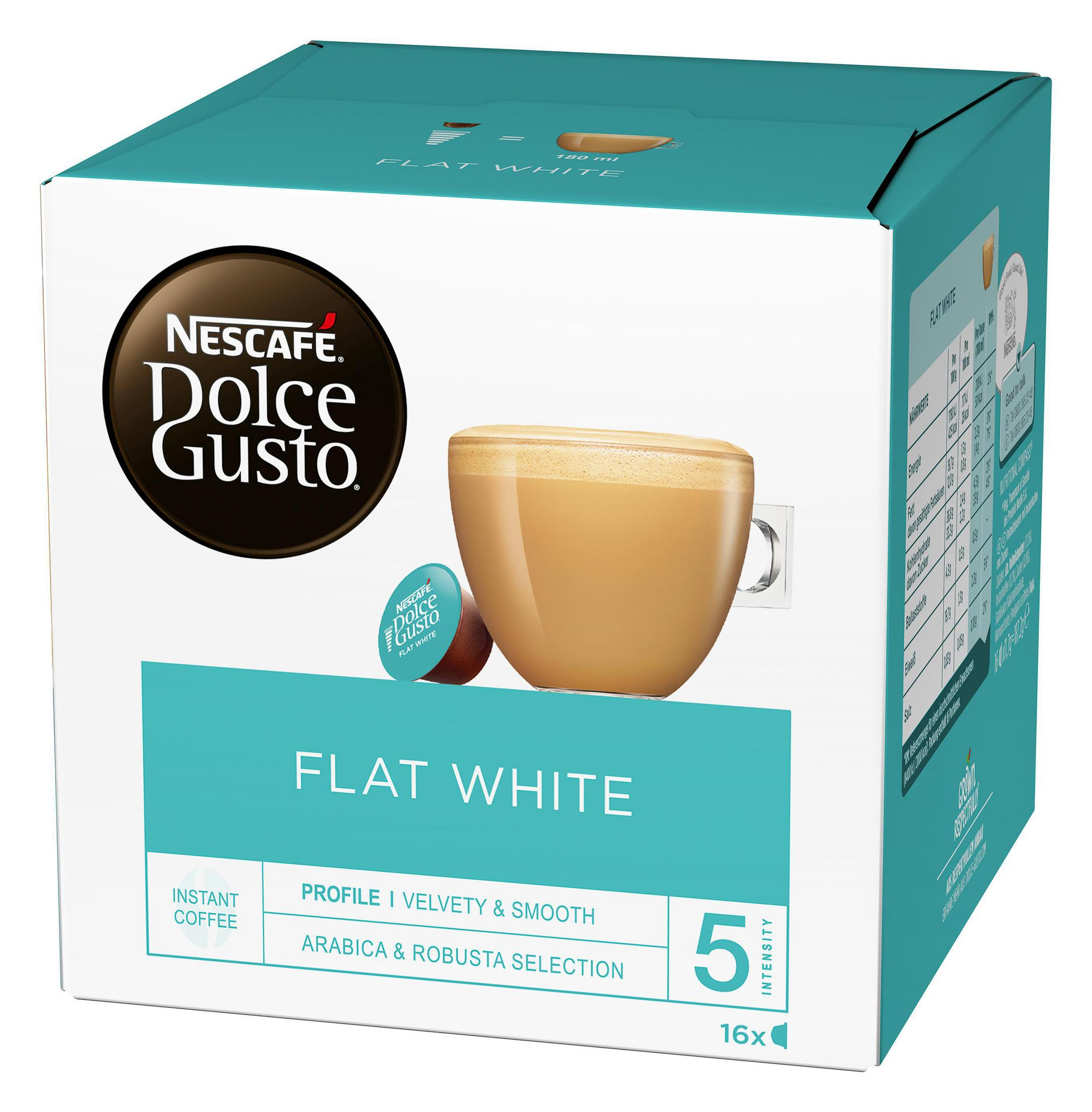 Eine Schachtel Nescafé Dolce Gusto Flat White Kaffeekapseln, Produkt und Design.