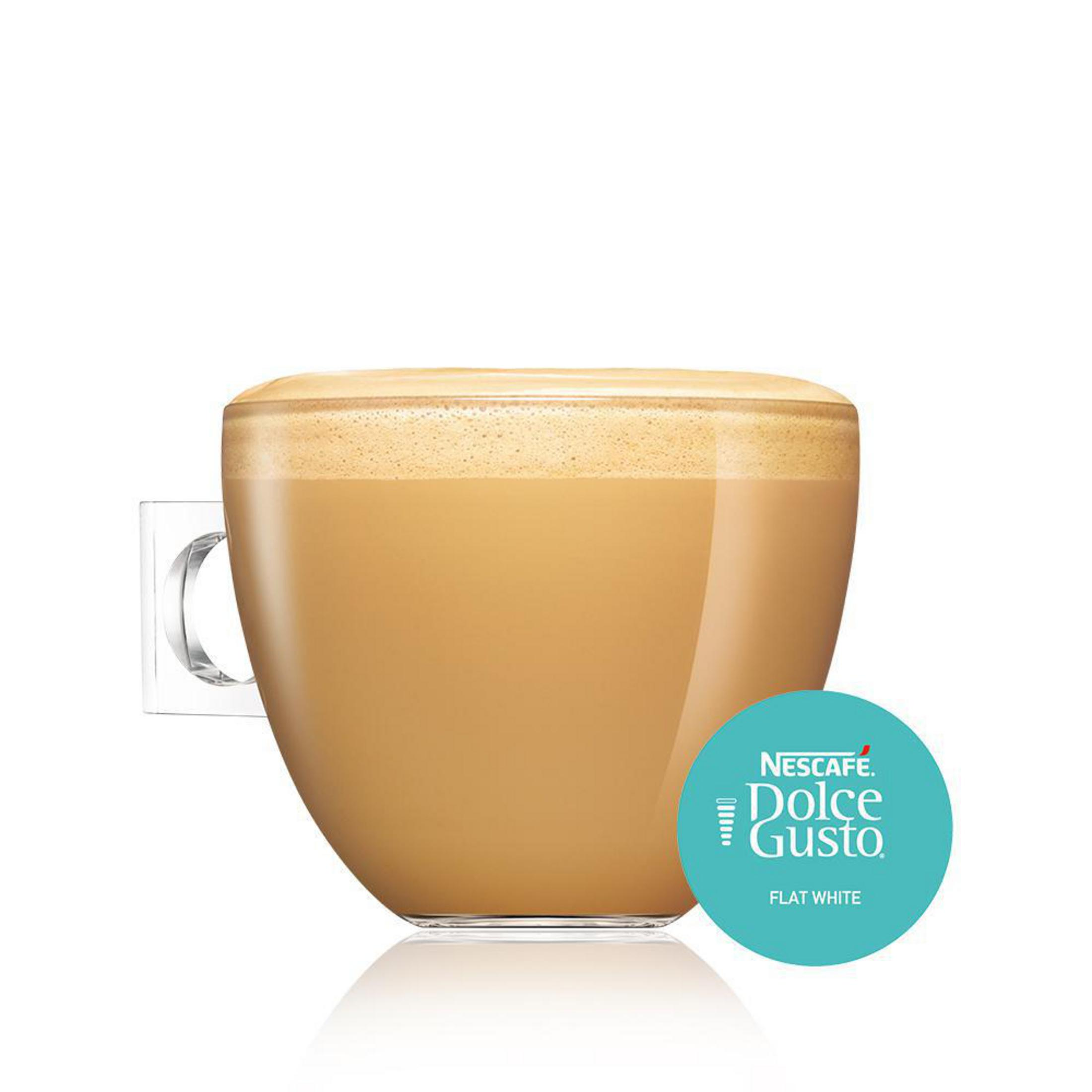 Eine Tasse Flat White Kaffee mit einem Nescafe Dolce Gusto Logo.