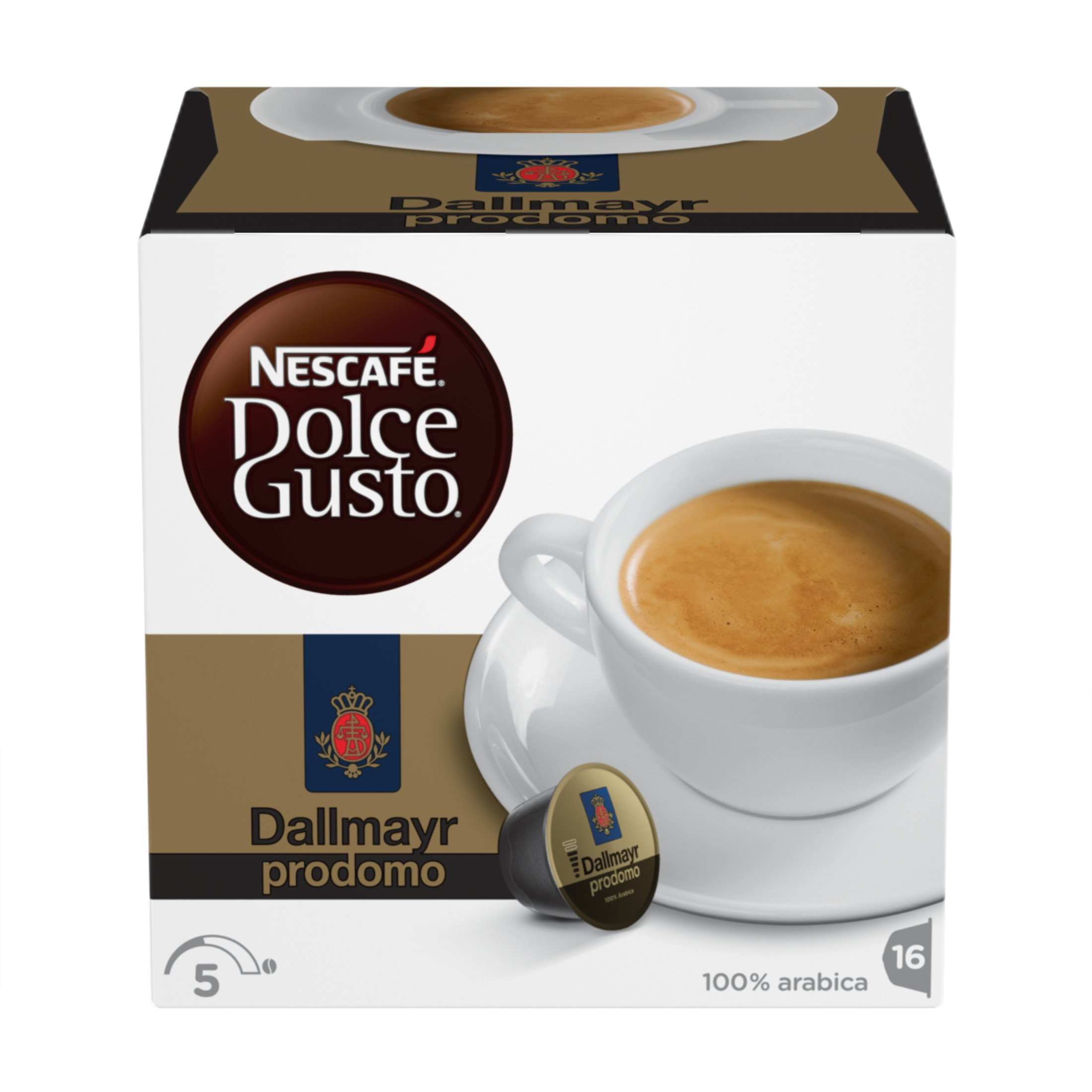 Nescafe Dolce Gusto Dallmayr Prodomo Kaffeebox mit Tasse und Kapsel.