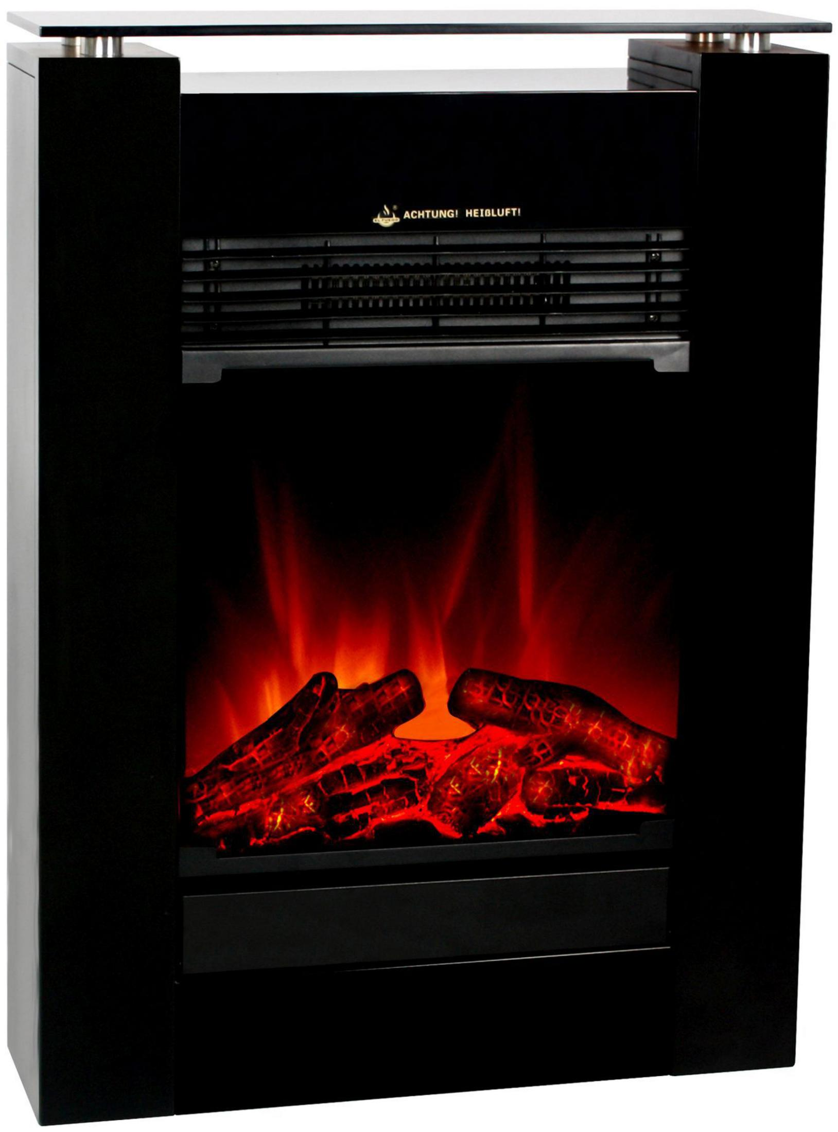 Schwarzer elektrischer Kamin mit simuliertem Feuer, vor schwarzem Hintergrund.
