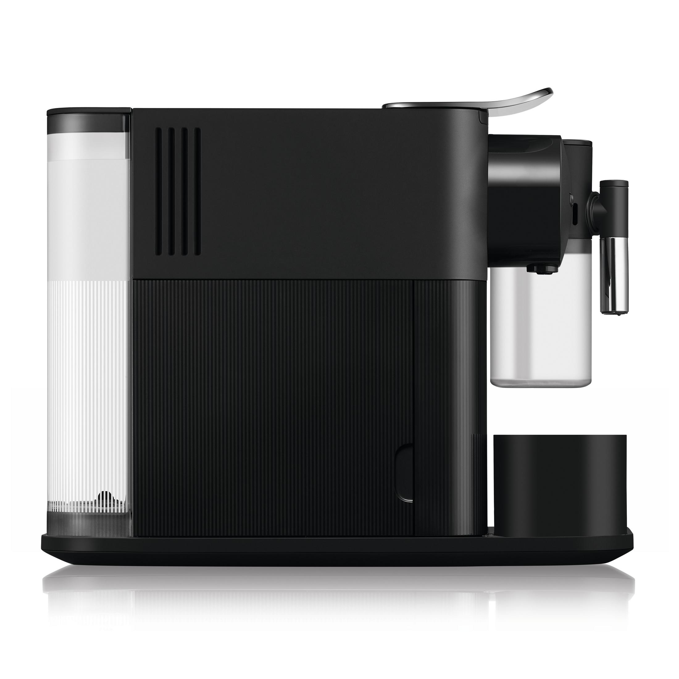 Schwarze Kaffeemaschine mit transparentem Wasserbehälter und schwarzer Tropfschale.