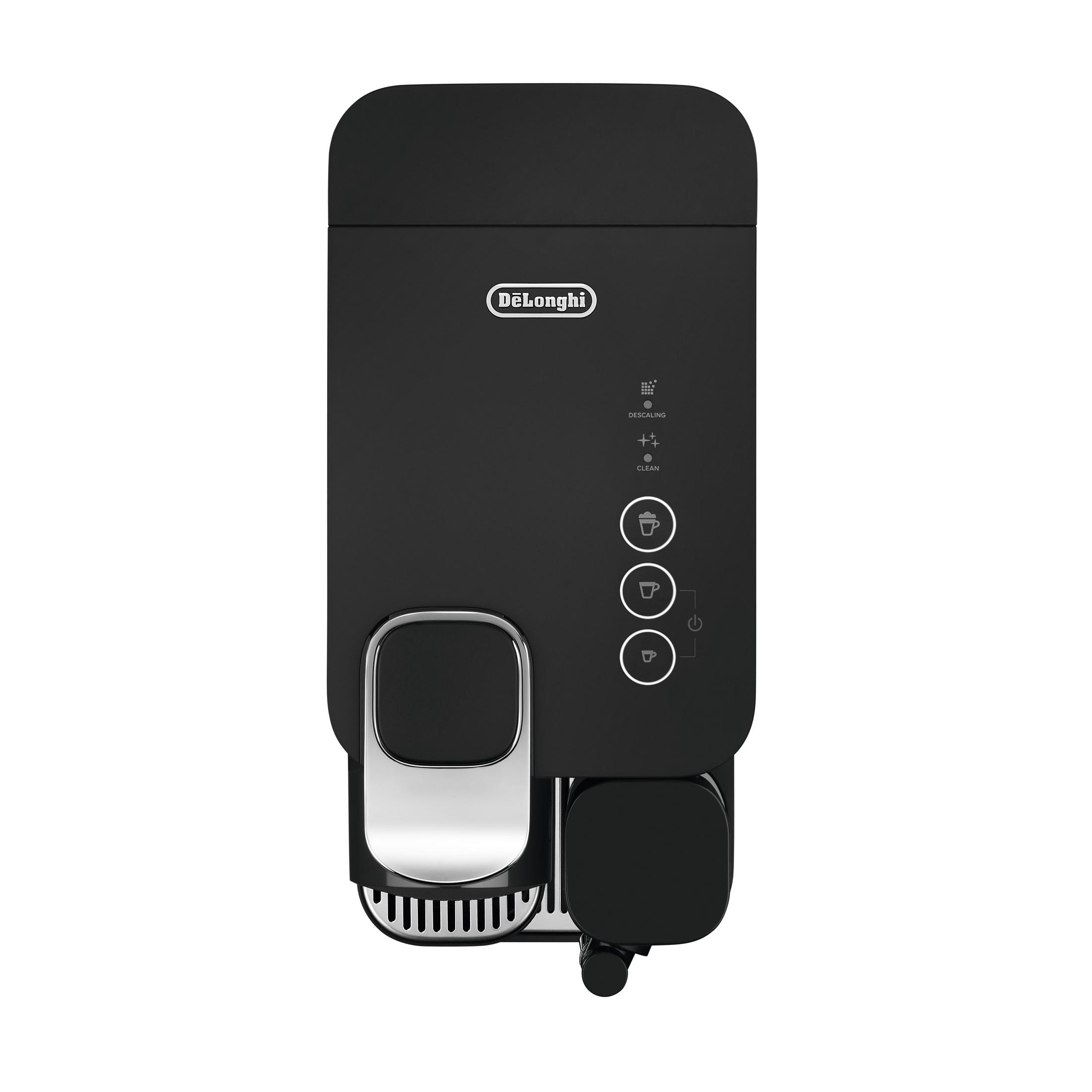 Schwarze De'Longhi Kaffeemaschine. Knöpfe und Ausguss sind auf der Vorderseite sichtbar.