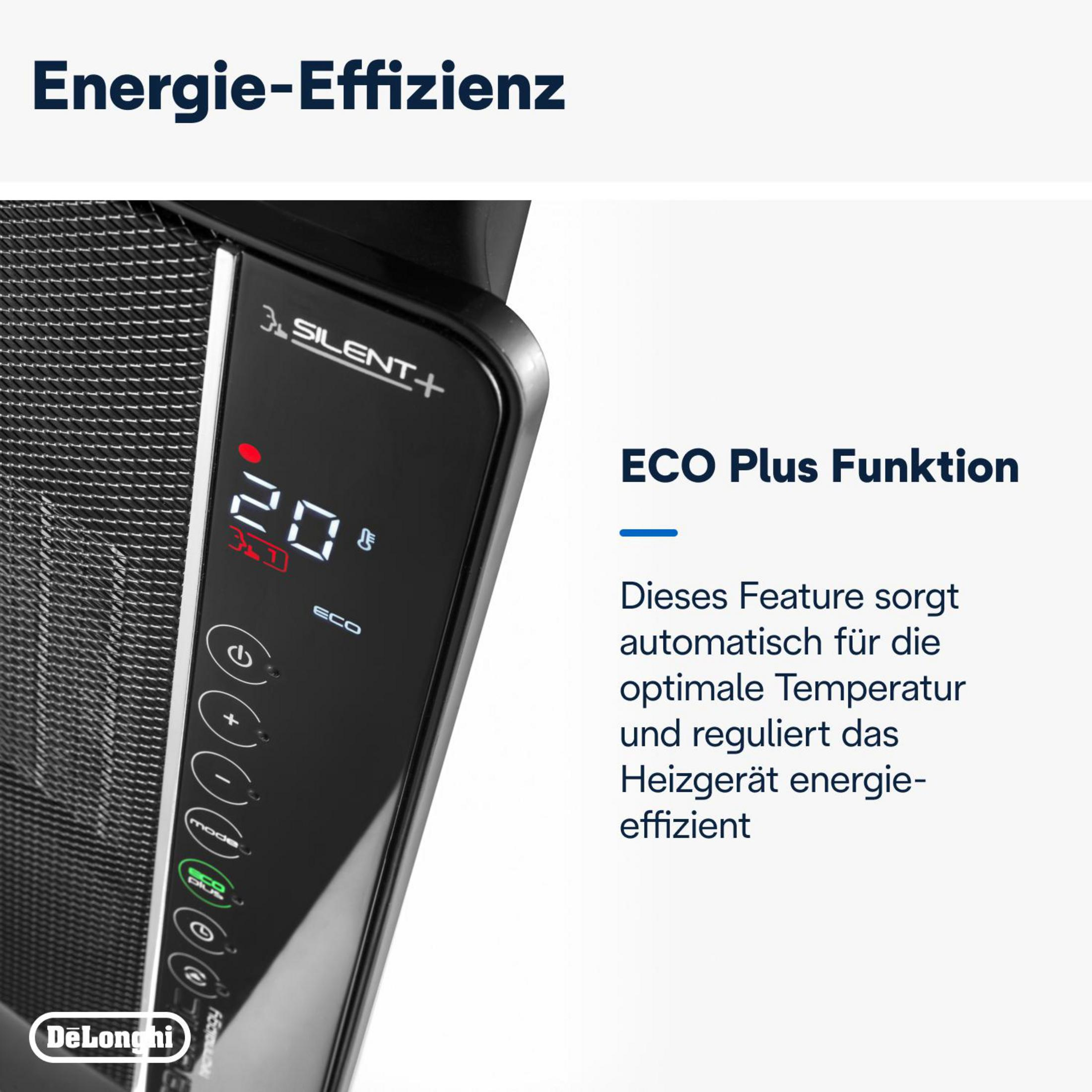 Zbliżenie czarnego urządzenia z wyświetlaczem LCD. Tekst w języku niemieckim o wydajności i trybie ECO.