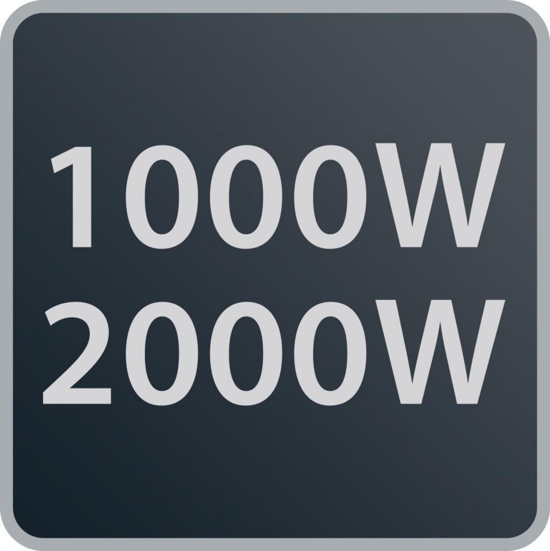 Eine schwarze Box mit weißem Text, der 1000 W und 2000 W angibt.