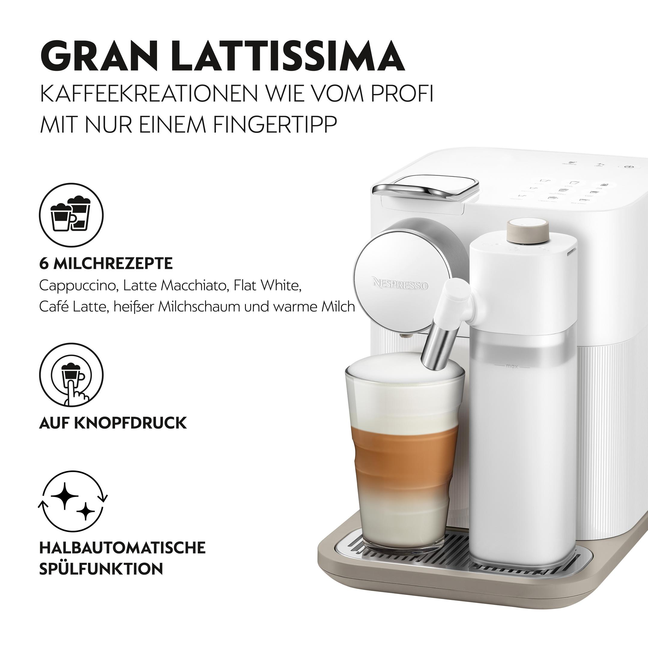Eine Kaffeemaschine mit einem Glas Latte, mit Text über Rezepte und Funktionen.