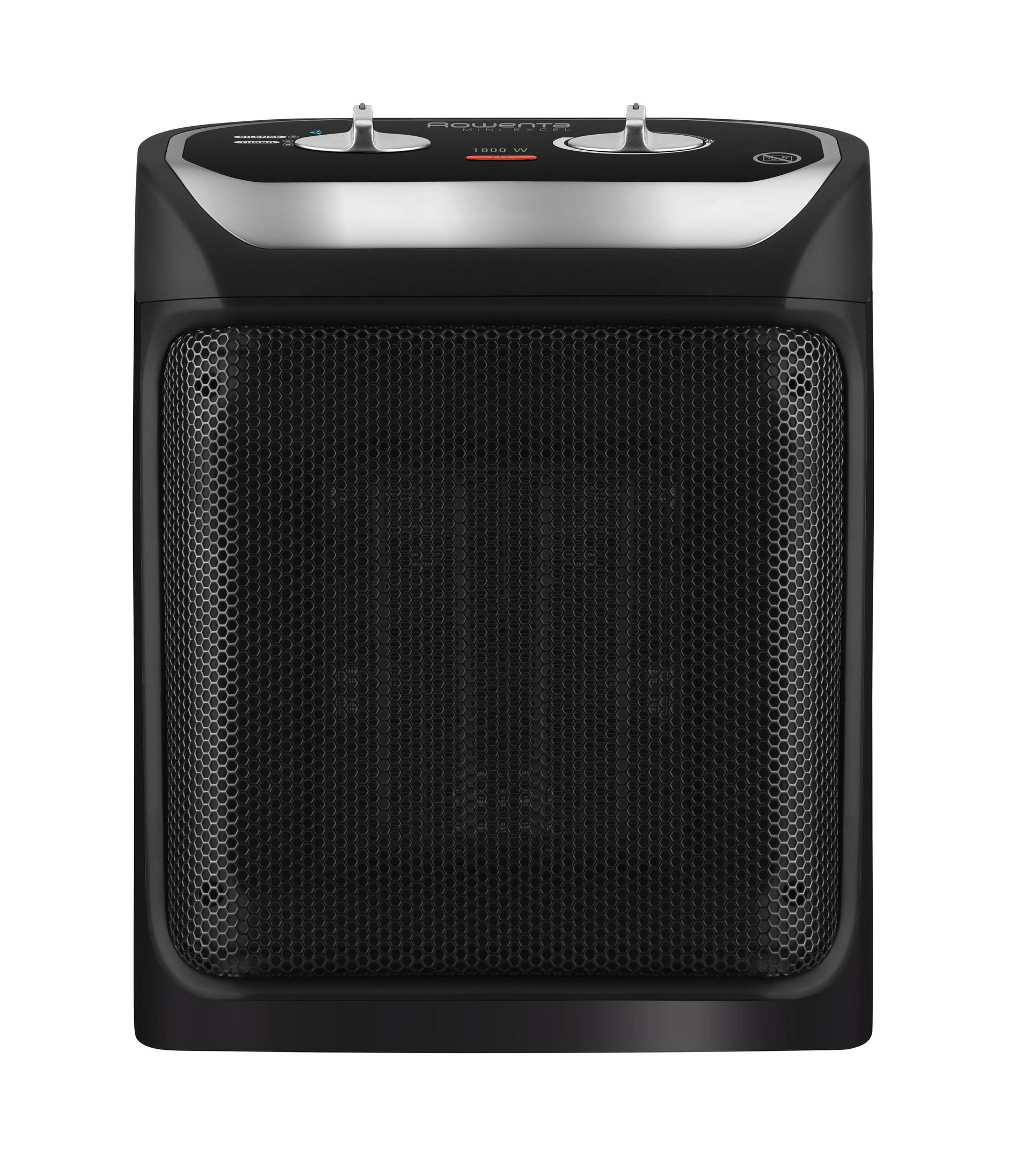 Czarny grzejnik elektryczny z siatkowym przodem. Ma panel sterowania na górze.