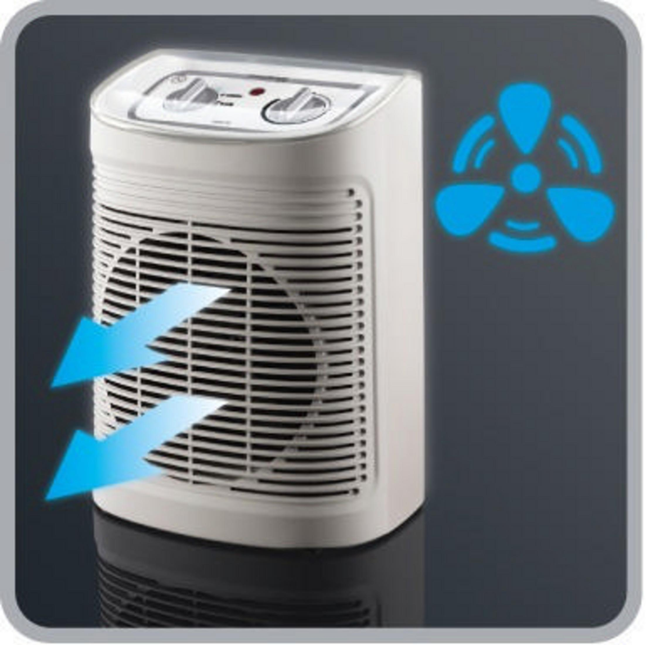 Calentador de ventilador blanco con icono de ventilador azul y flechas que indican el flujo de aire.