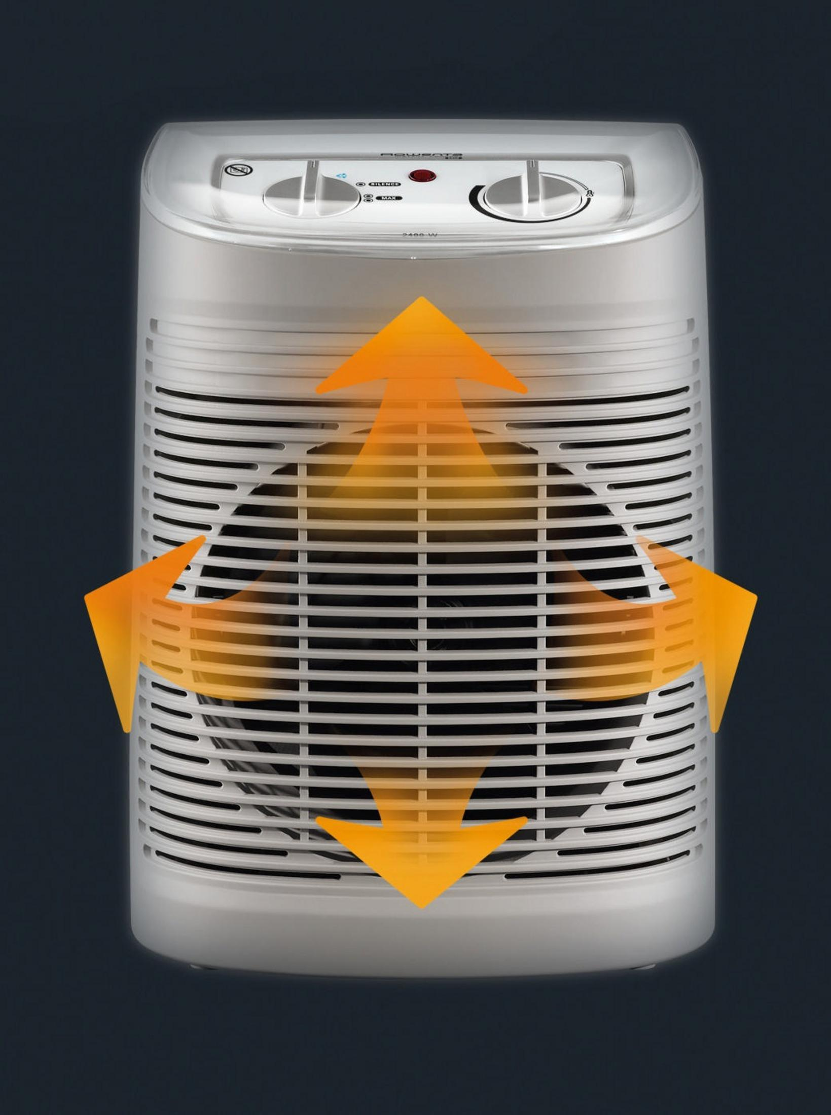 Un calefactor eléctrico plateado con flechas que indican la dirección del calor.