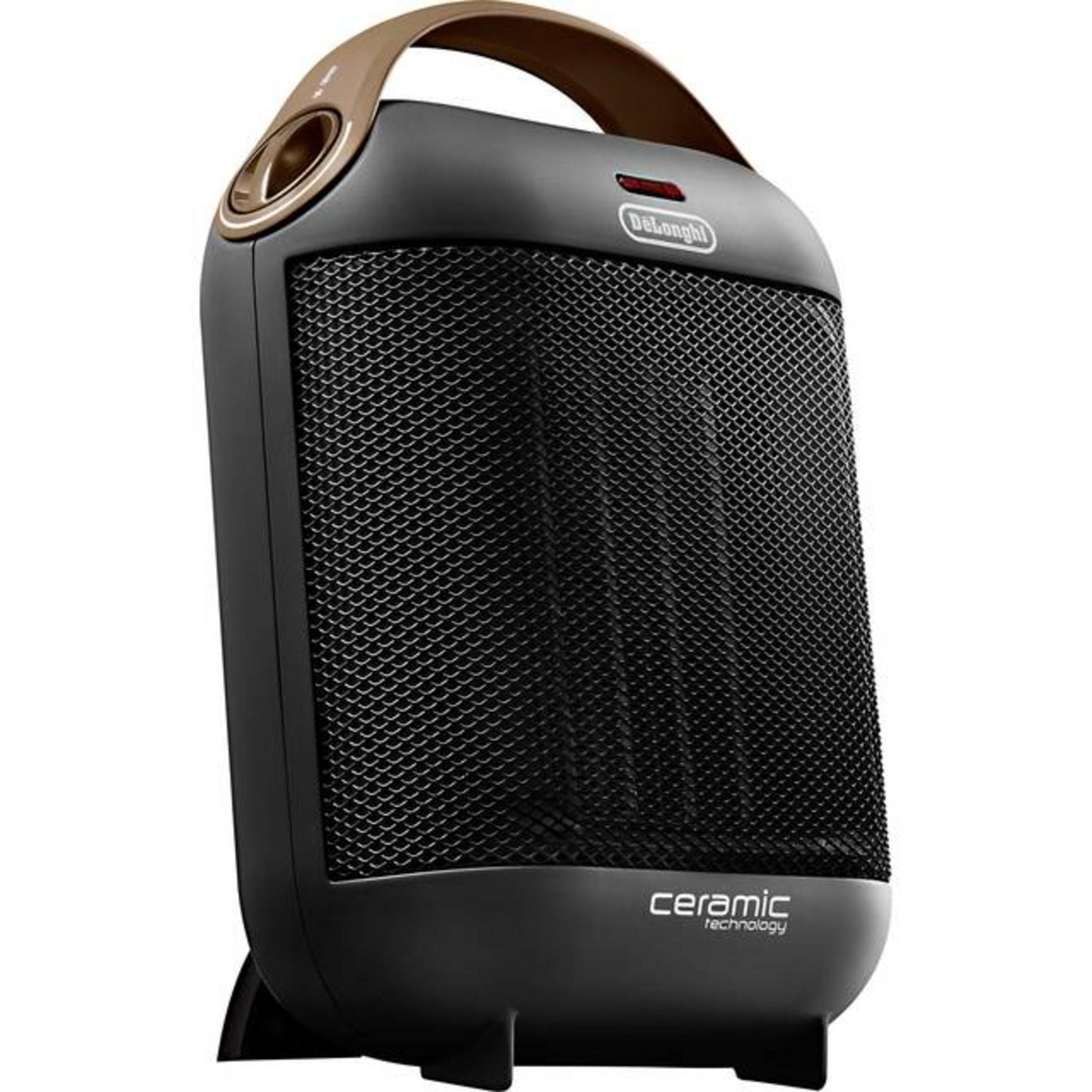 Czarny i brązowy grzejnik ceramiczny. Uchwyt u góry. Siatkowy przód. Tekst 'technologia ceramiczna'.