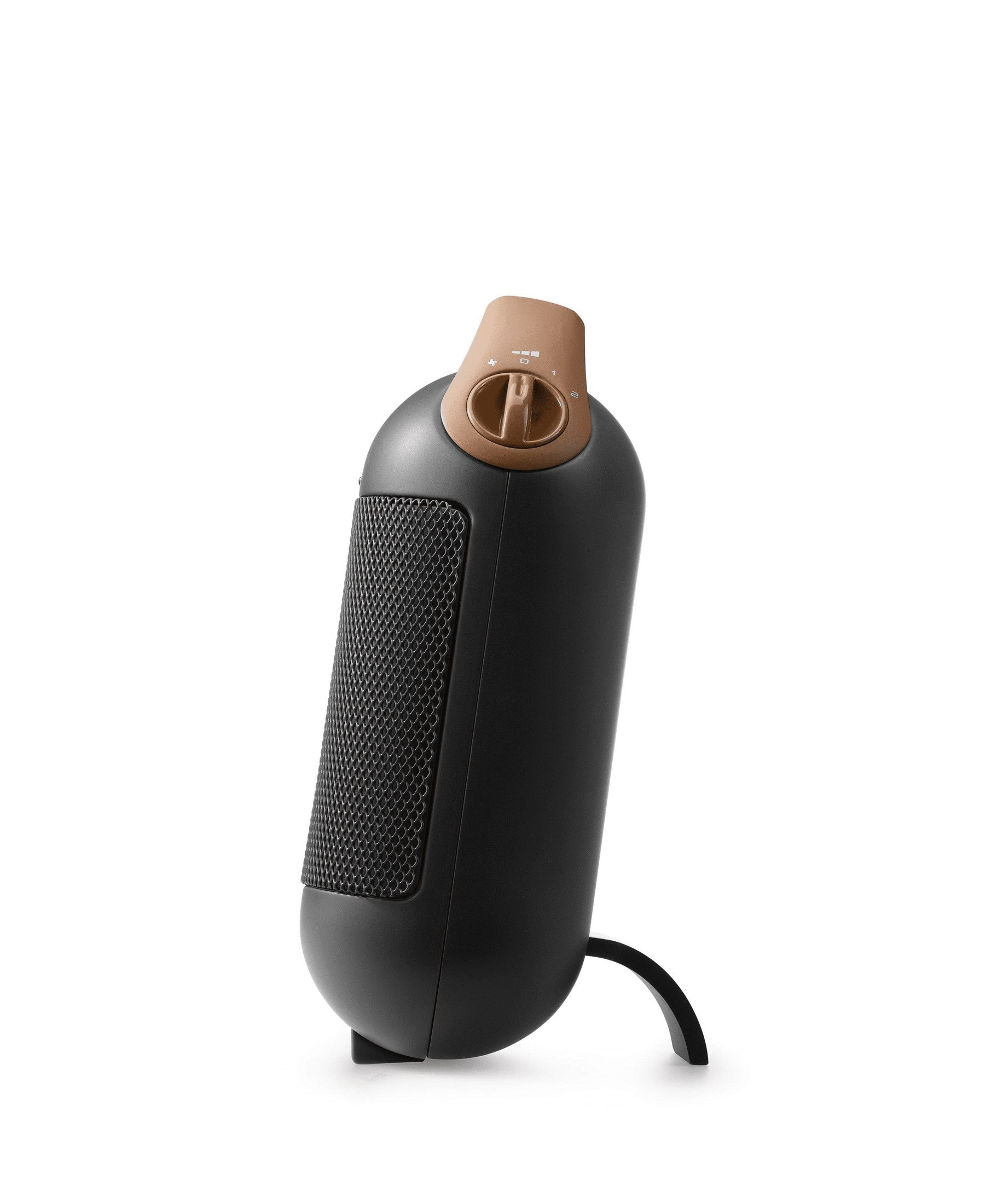 Czarny i brązowy mały grzejnik, widok z boku, białe tło.