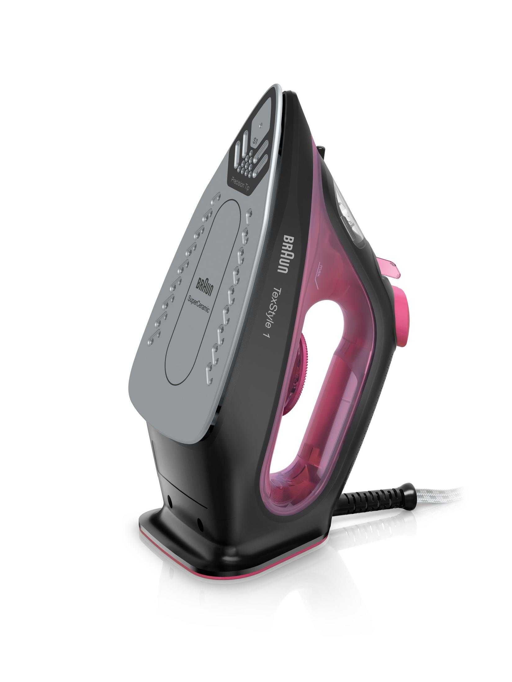 Ferro da stiro nero e rosa con piastra grigia, su sfondo bianco.