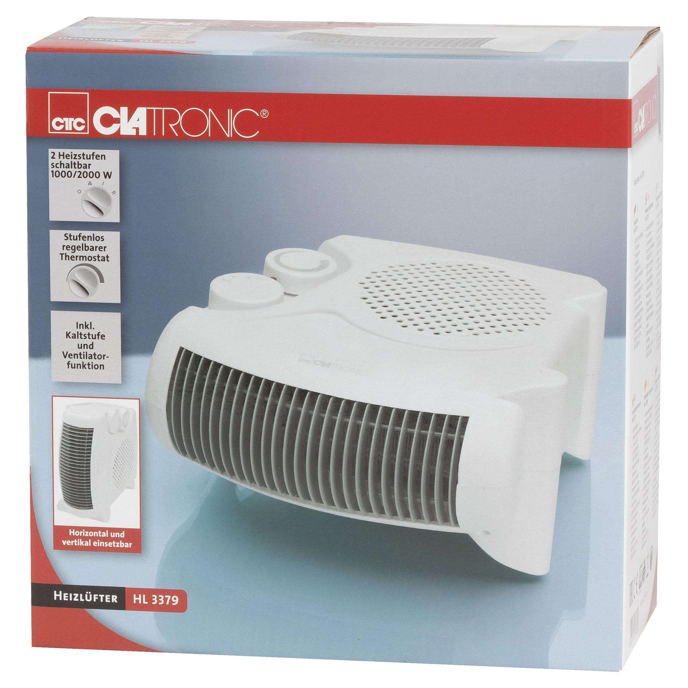 Pudełko grzejnika Clatronic. Pudełko pokazuje produkt i jego funkcje.