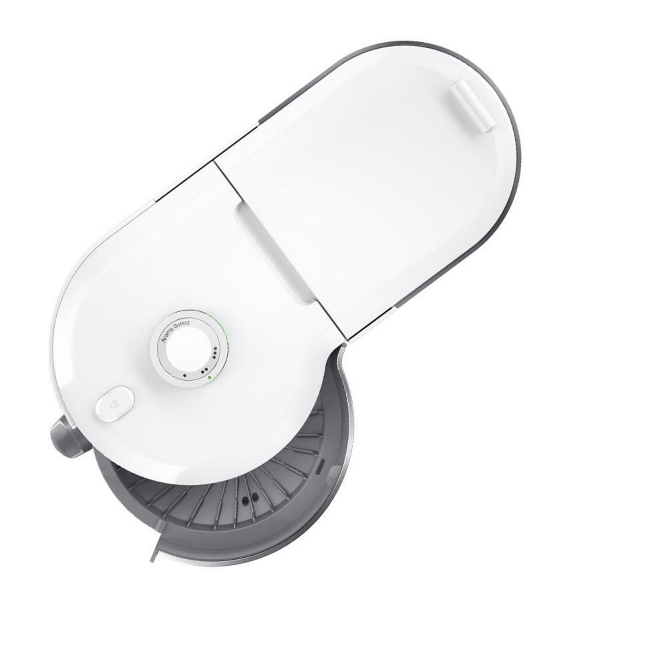 Odkurzacz automatyczny widok z góry, kolory biały i szary, białe tło.