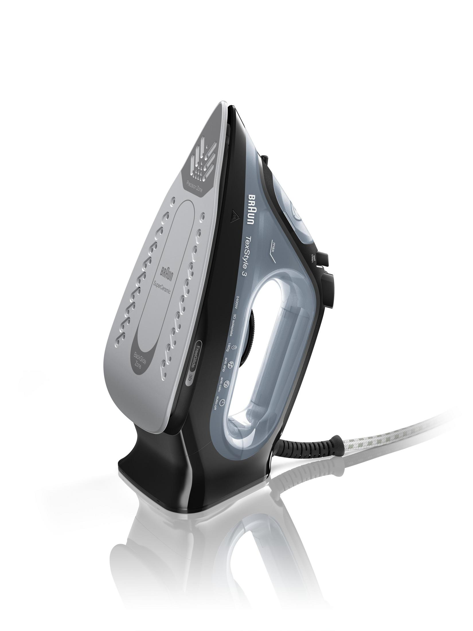 Czarne i srebrne żelazko ustawione pod kątem na białej powierzchni.