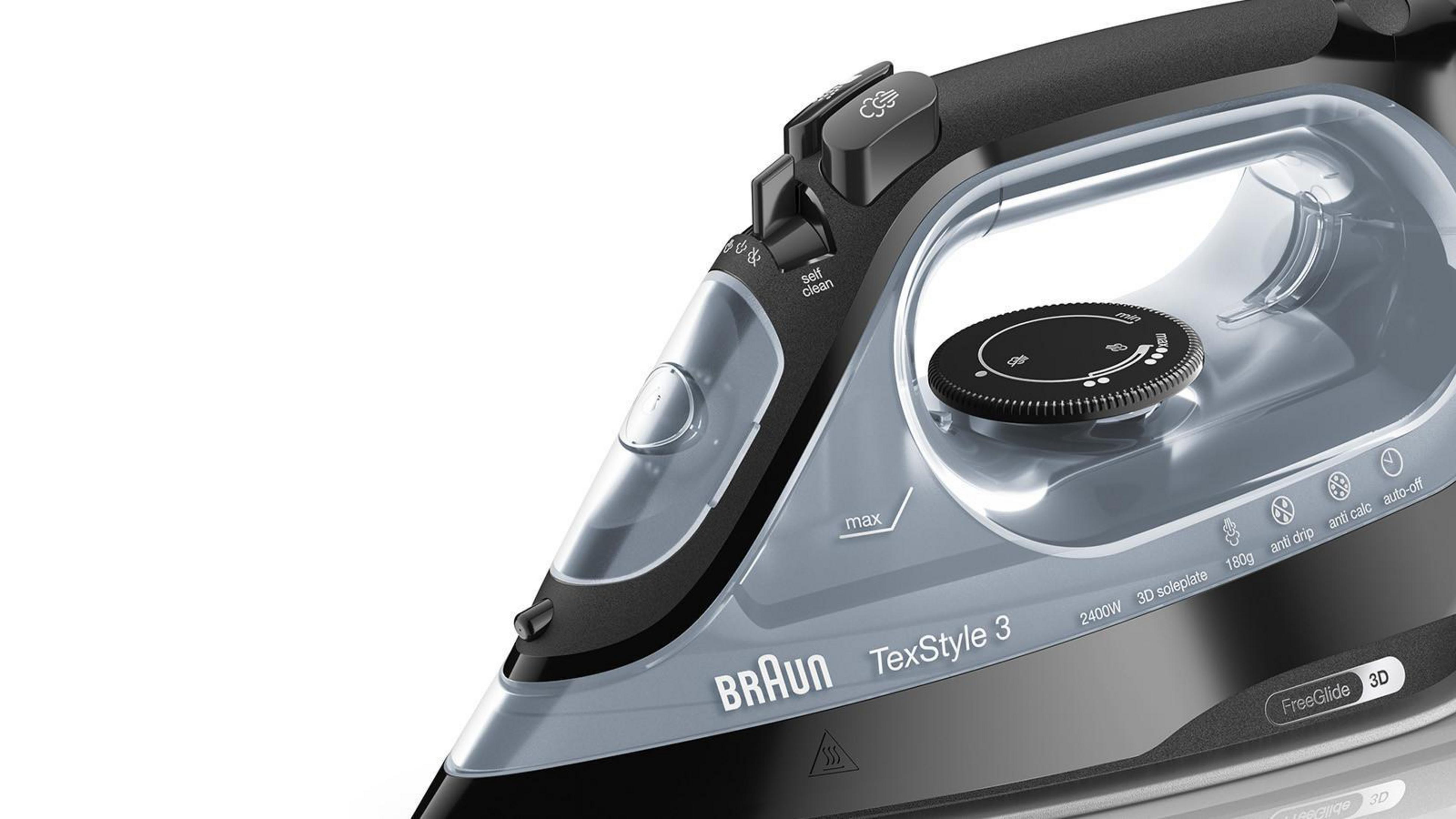 Zbliżenie czarno-szarego żelazka z ustawieniami, na białym tle.