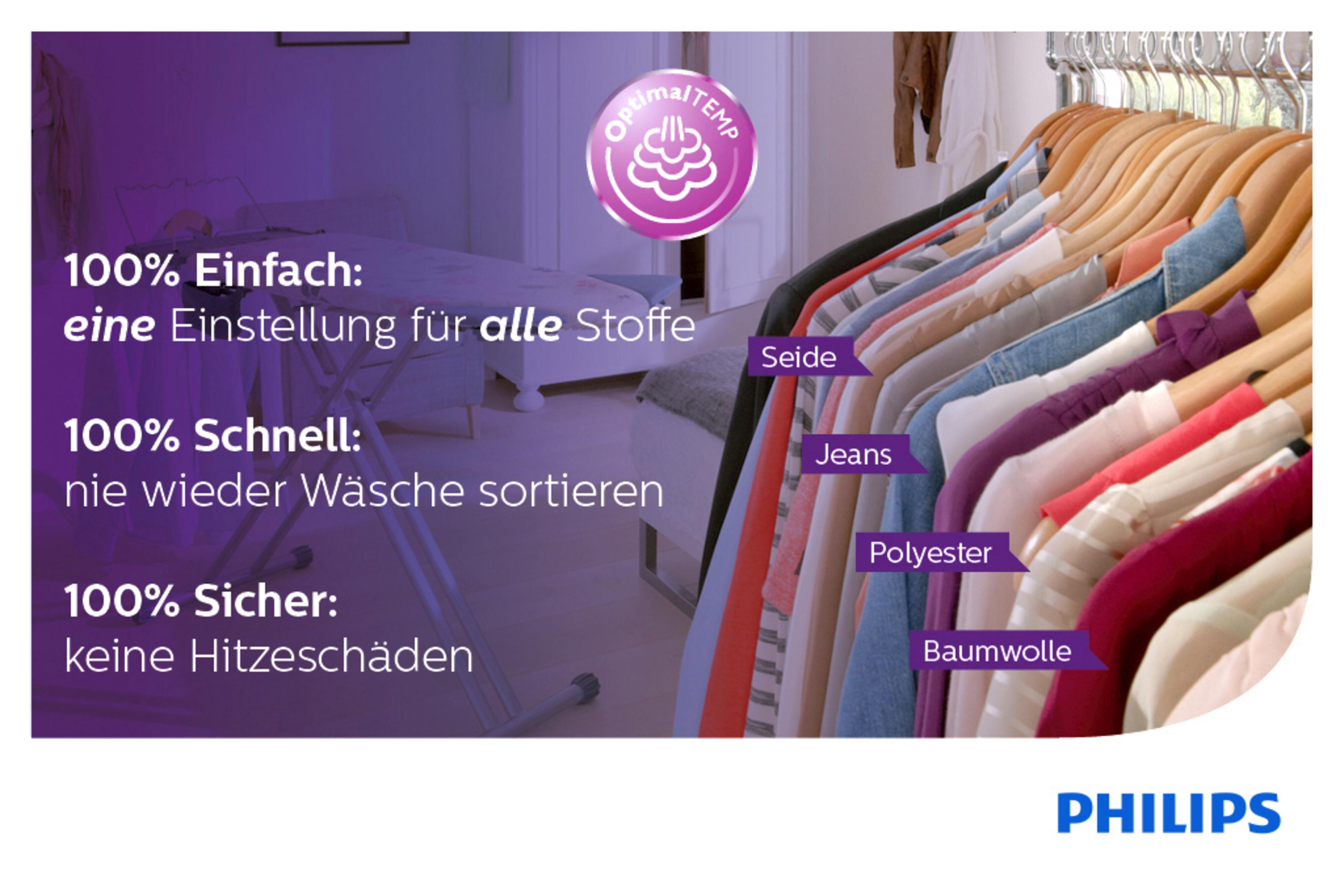 Verschiedene Kleidungsstücke hängen auf einem Gestell mit Text über das Bügeln mit Philips OptimalTEMP.
