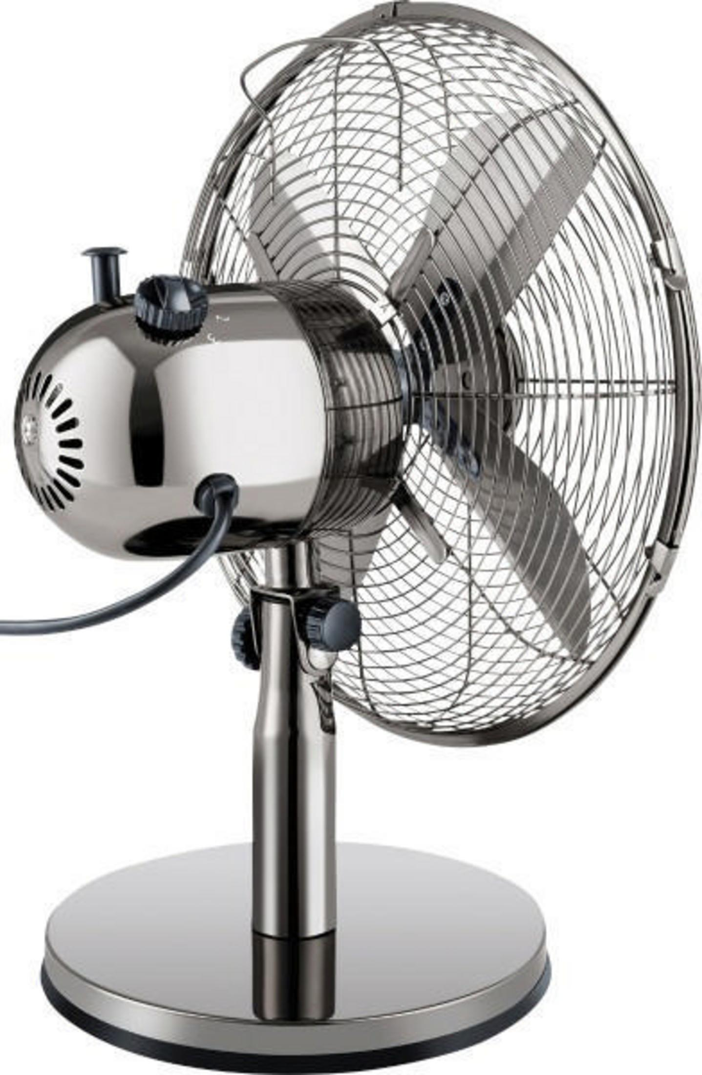 Primer plano de un ventilador cromado sobre un soporte cromado, sobre fondo blanco.