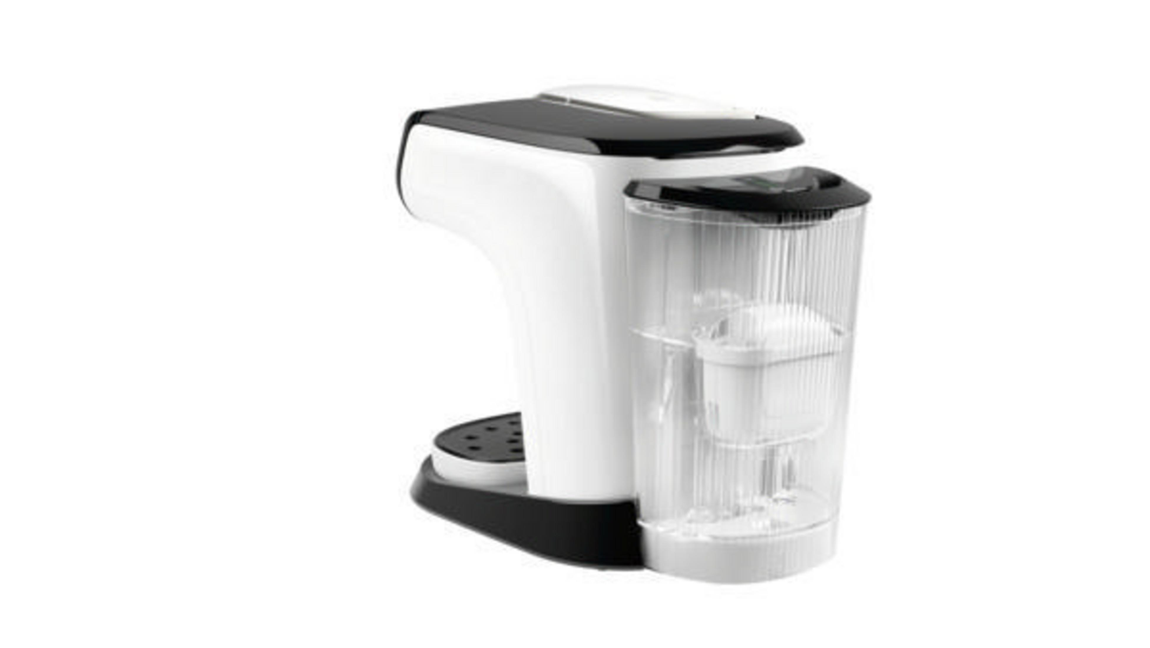 Biało-czarny ekspres do kawy z przezroczystym zbiornikiem na wodę.