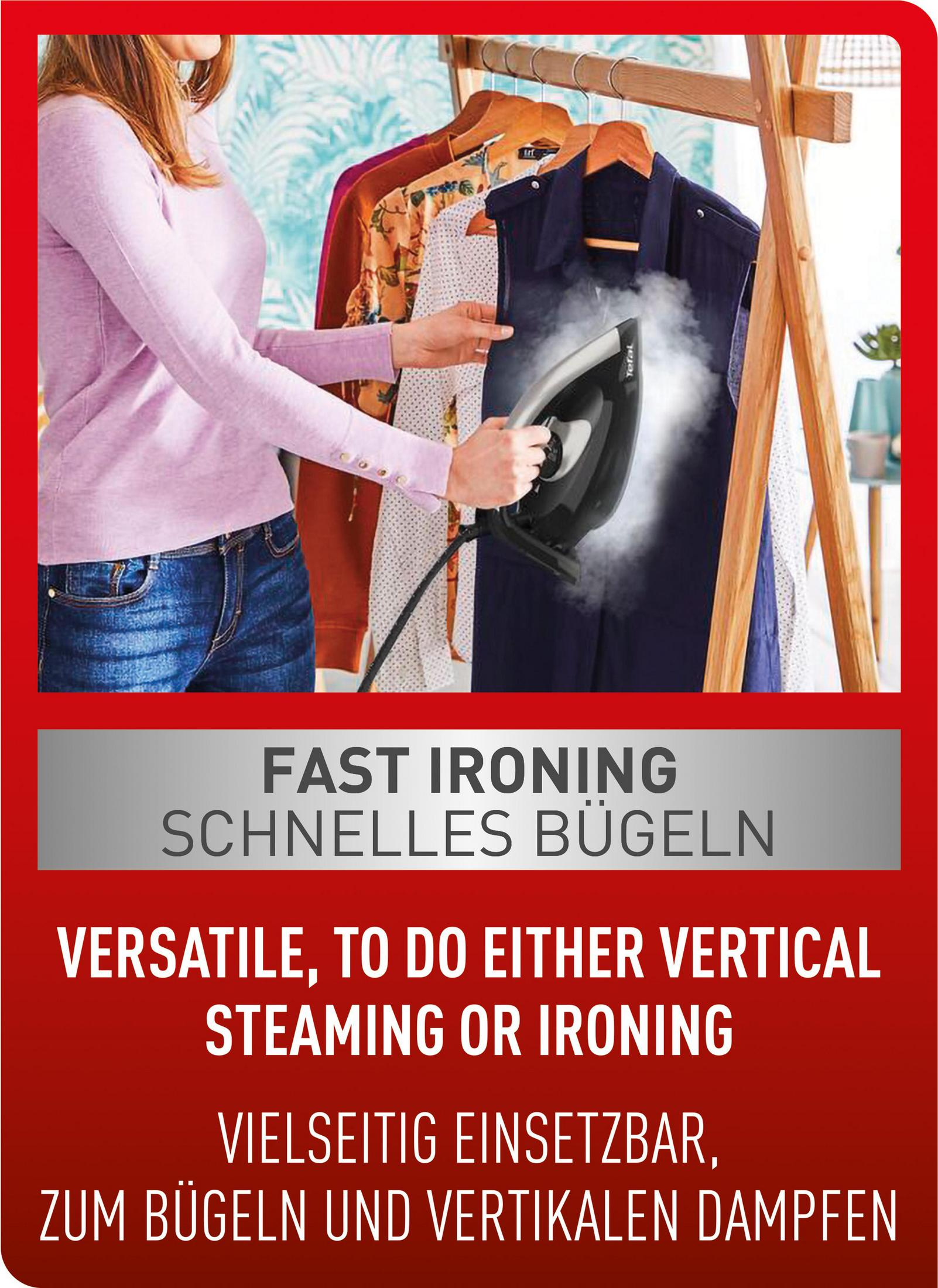 Osoba prasująca granatowe ubrania czarnym żelazkiem. Tekst: "FAST IRONING" i "VERSATILE TO DO... IRONING".