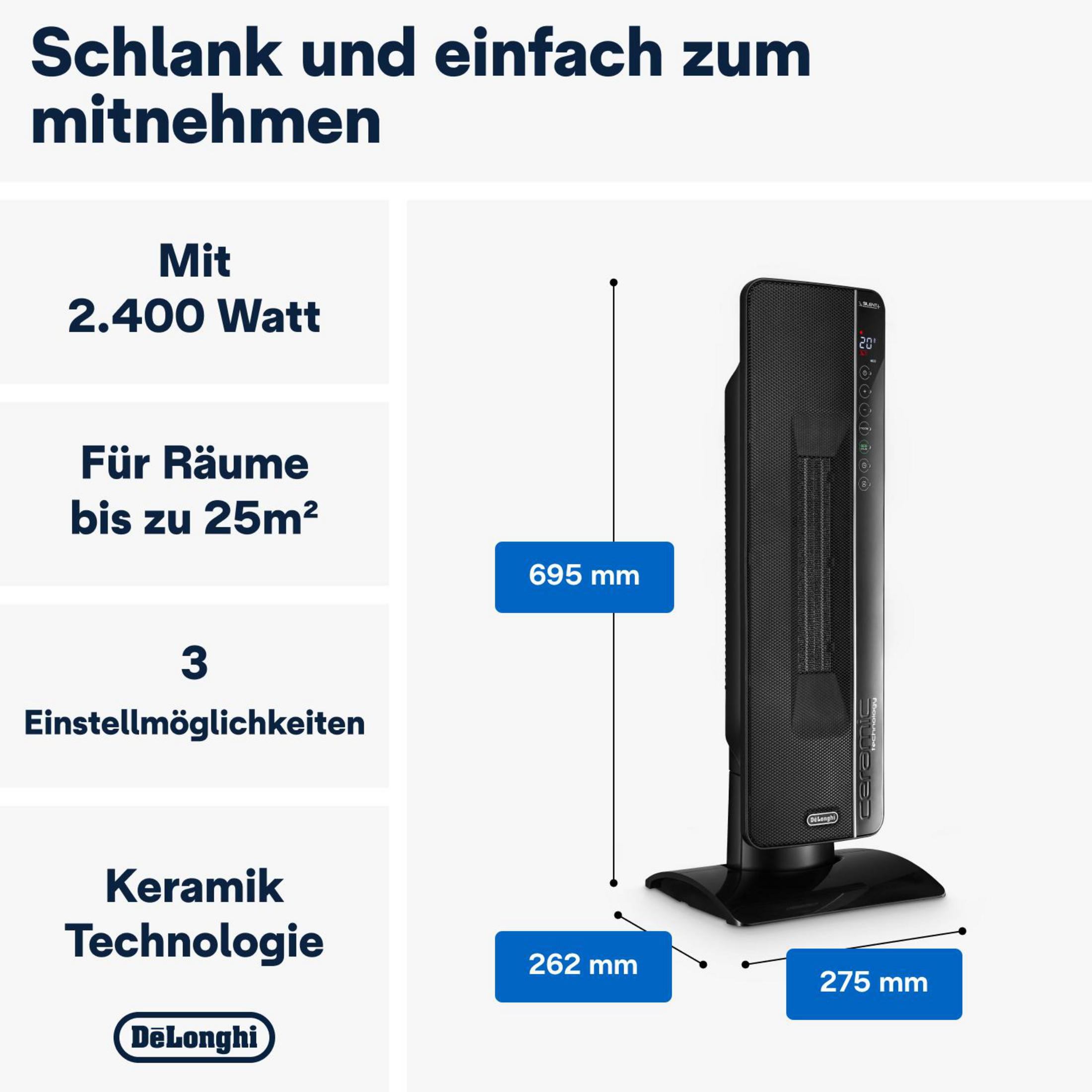 Czarny grzejnik DeLonghi z tekstem o mocy 2400W i technologii ceramicznej.