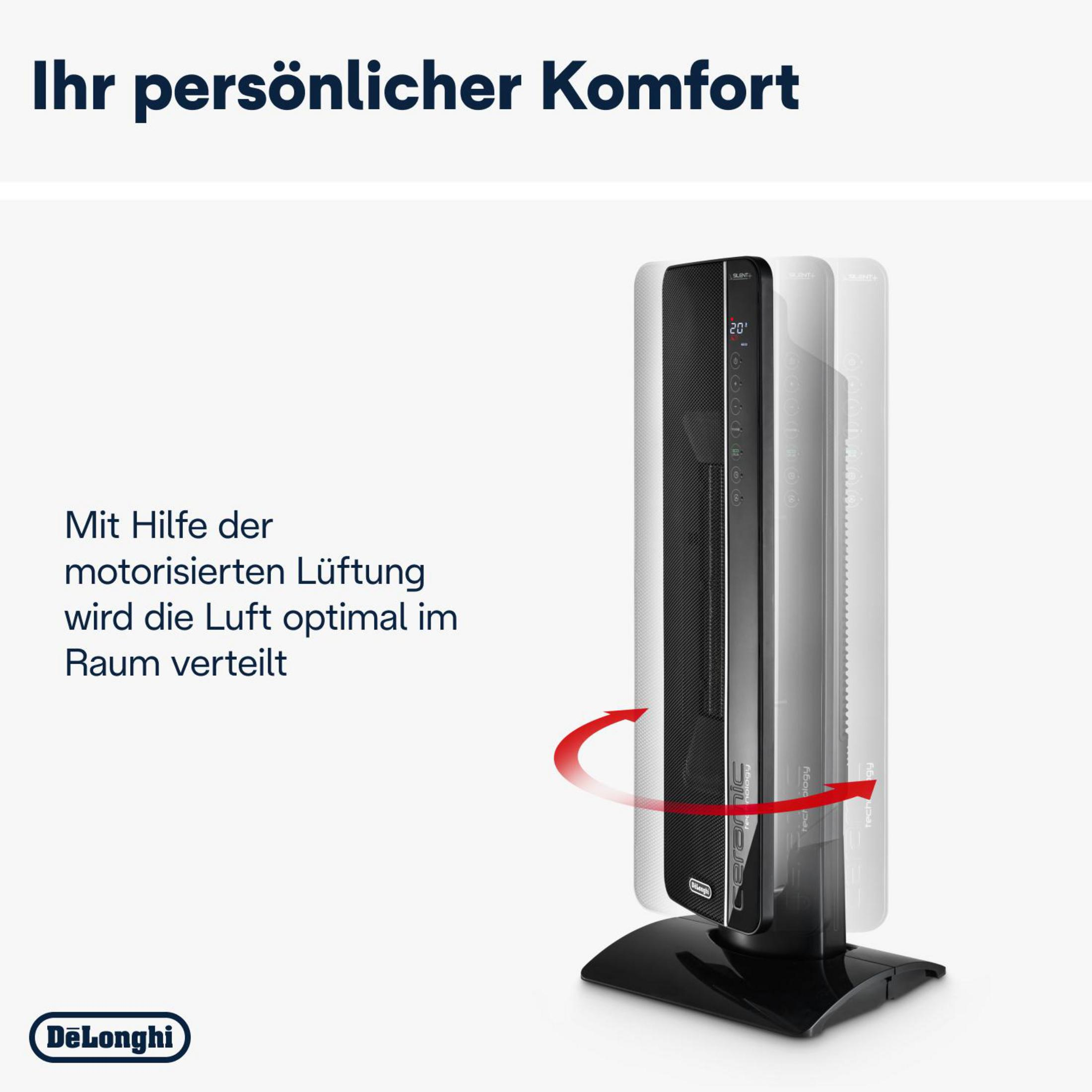 Czarny grzejnik DeLonghi z obrotowym panelem, nad nim napis 'Ihr persönlicher Komfort'.