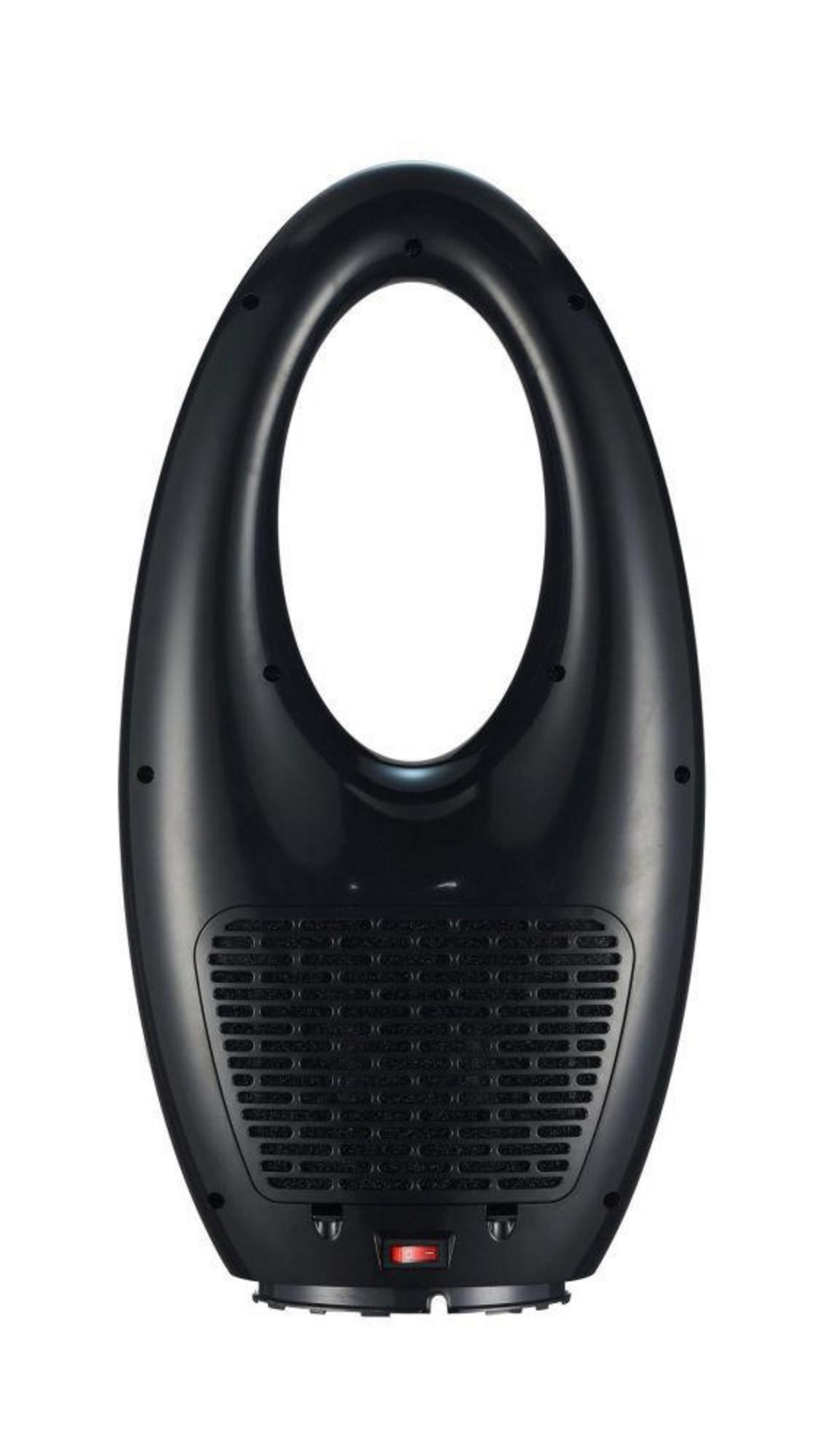 Termoventilatore ovale nero, vista posteriore, con griglia e interruttore rosso.