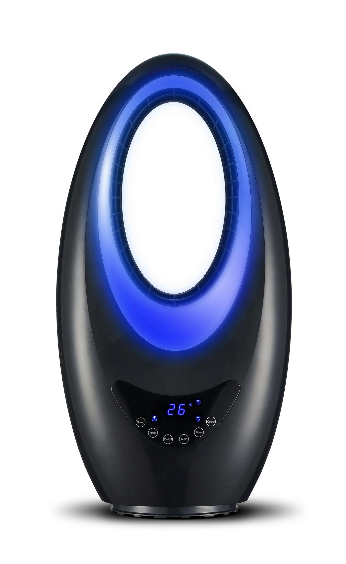 Una lampada per fototerapia nera a forma ovale con luce blu attorno al centro bianco.