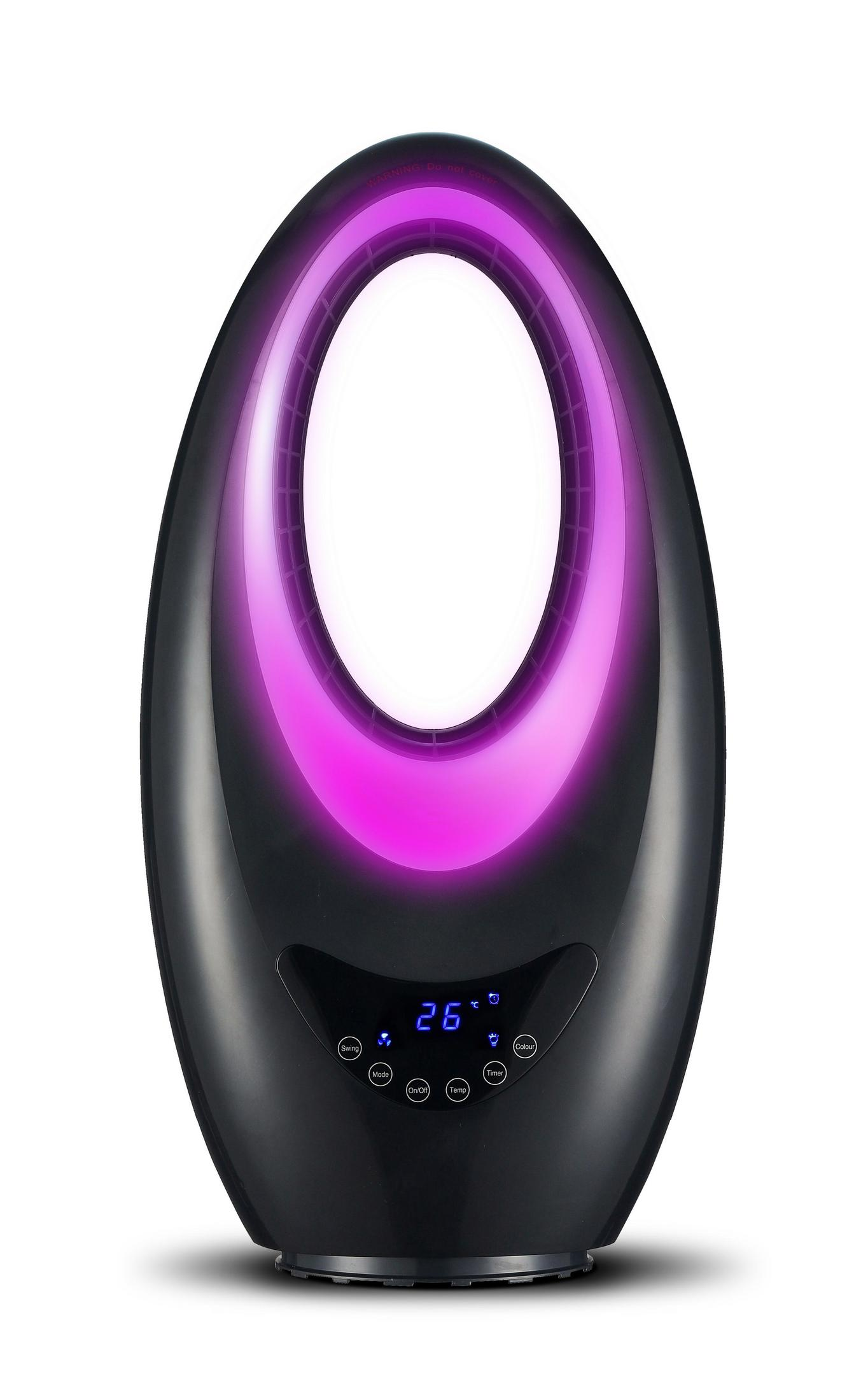 Un purificatore d'aria nero a forma ovale con un anello rosa brillante e display digitale.