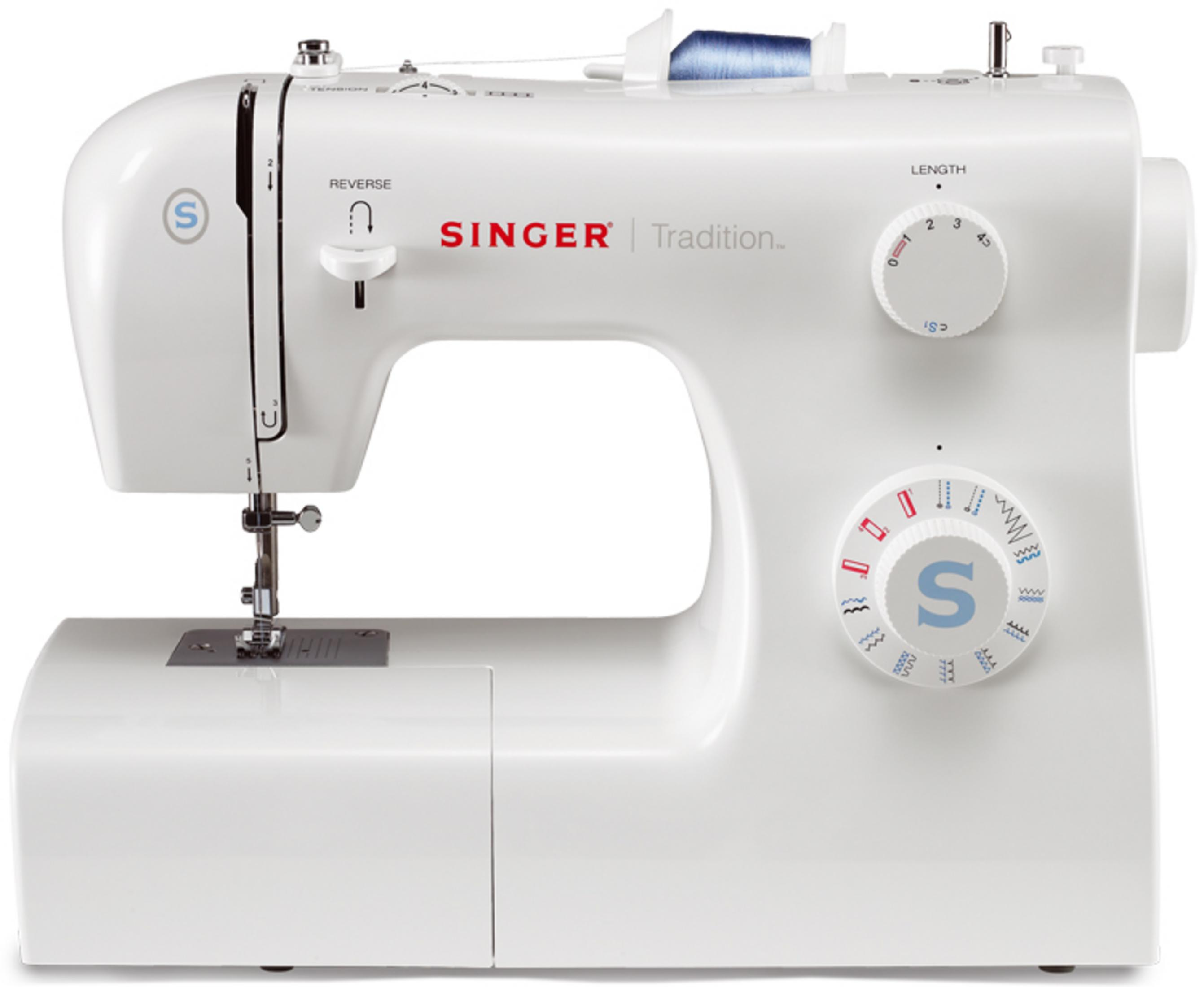 Máquina de coser Singer blanca. Fondo blanco.